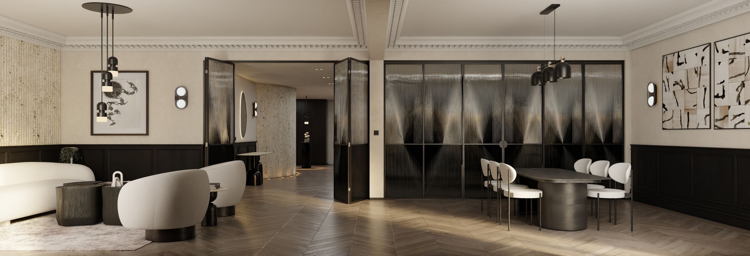Floor-to-ceiling translucent folding partitions create adaptable spaces, balancing openness, privacy, and architectural continuity within the residential interior.