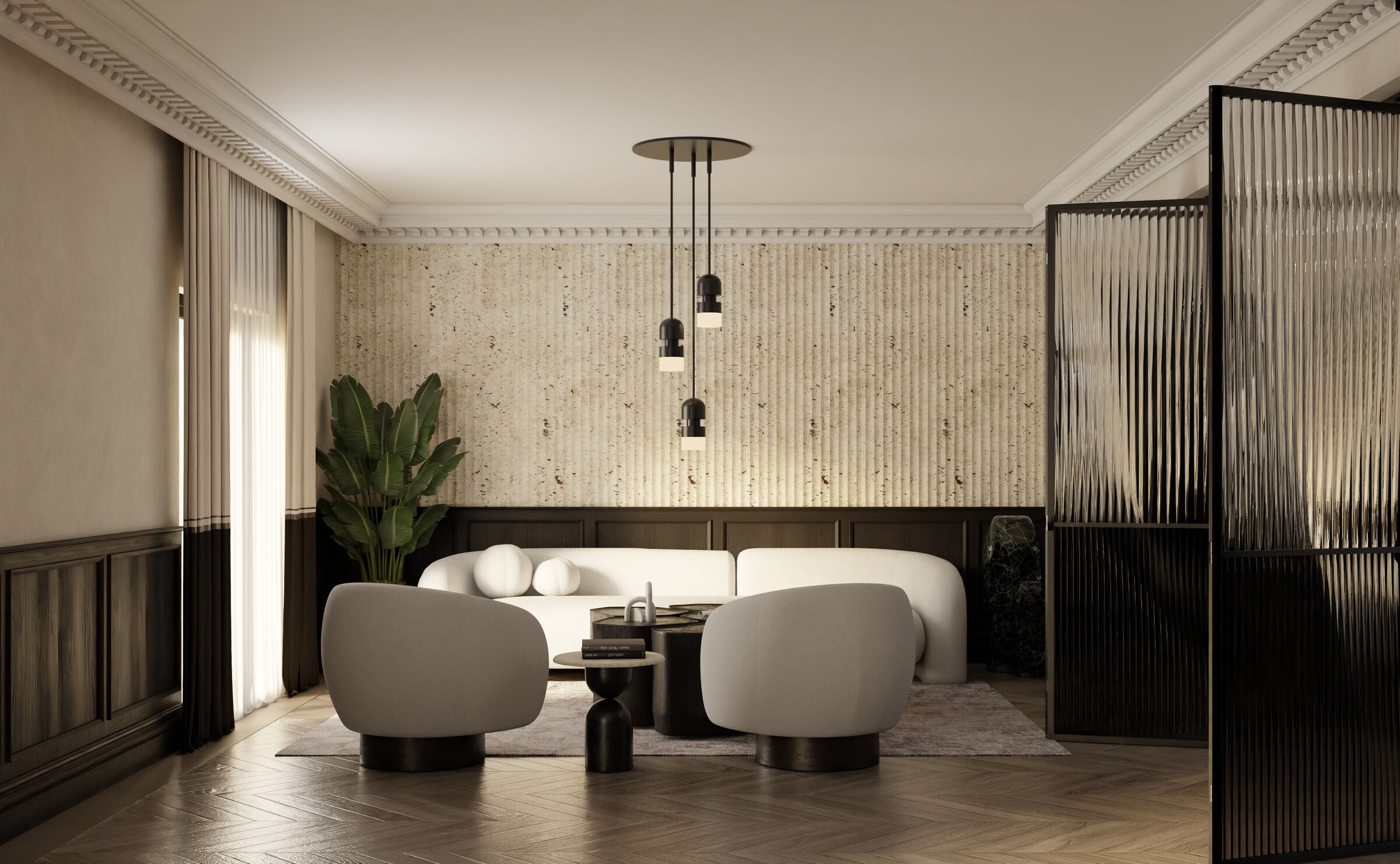 Curved furniture, textured wall surfaces, and carefully integrated lighting create an intimate living environment that balances contemporary design with the apartment's original character.