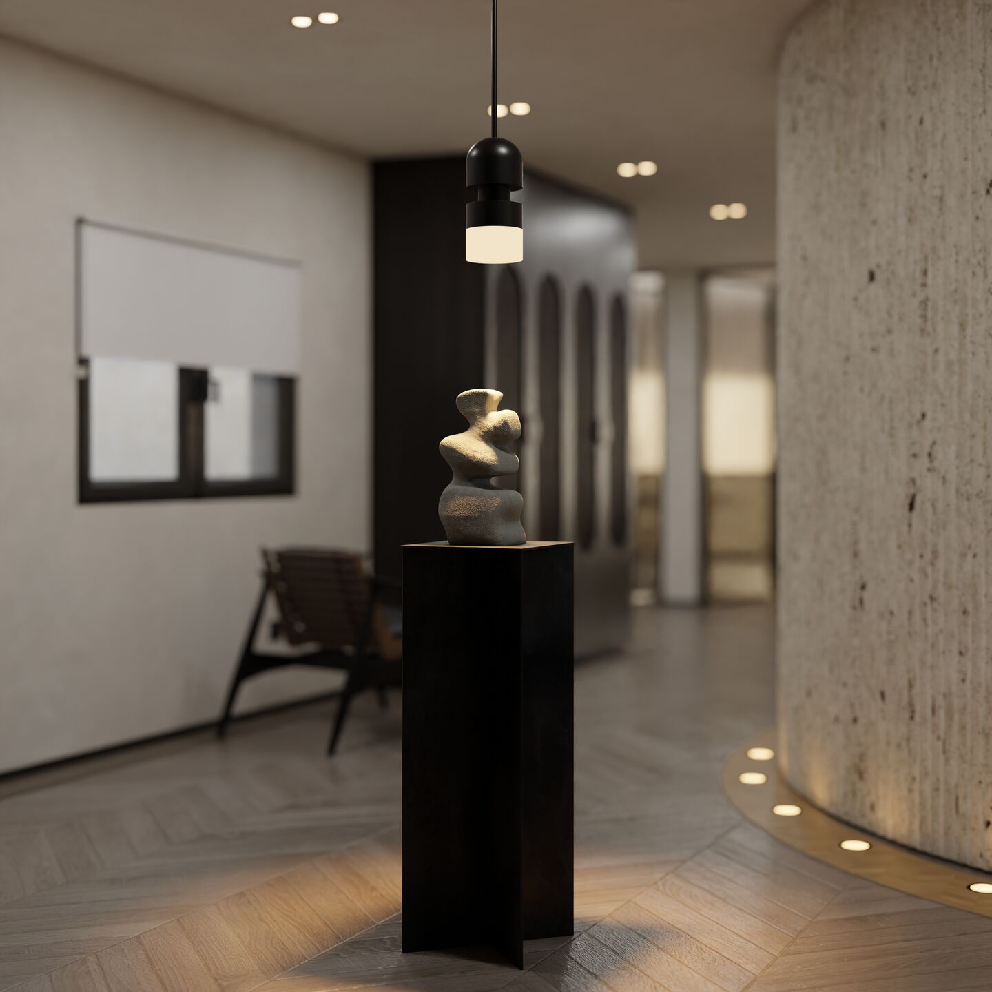 A carefully positioned sculpture introduces an artistic focal point, highlighting the relationship between decorative objects, natural textures, and architectural composition.
