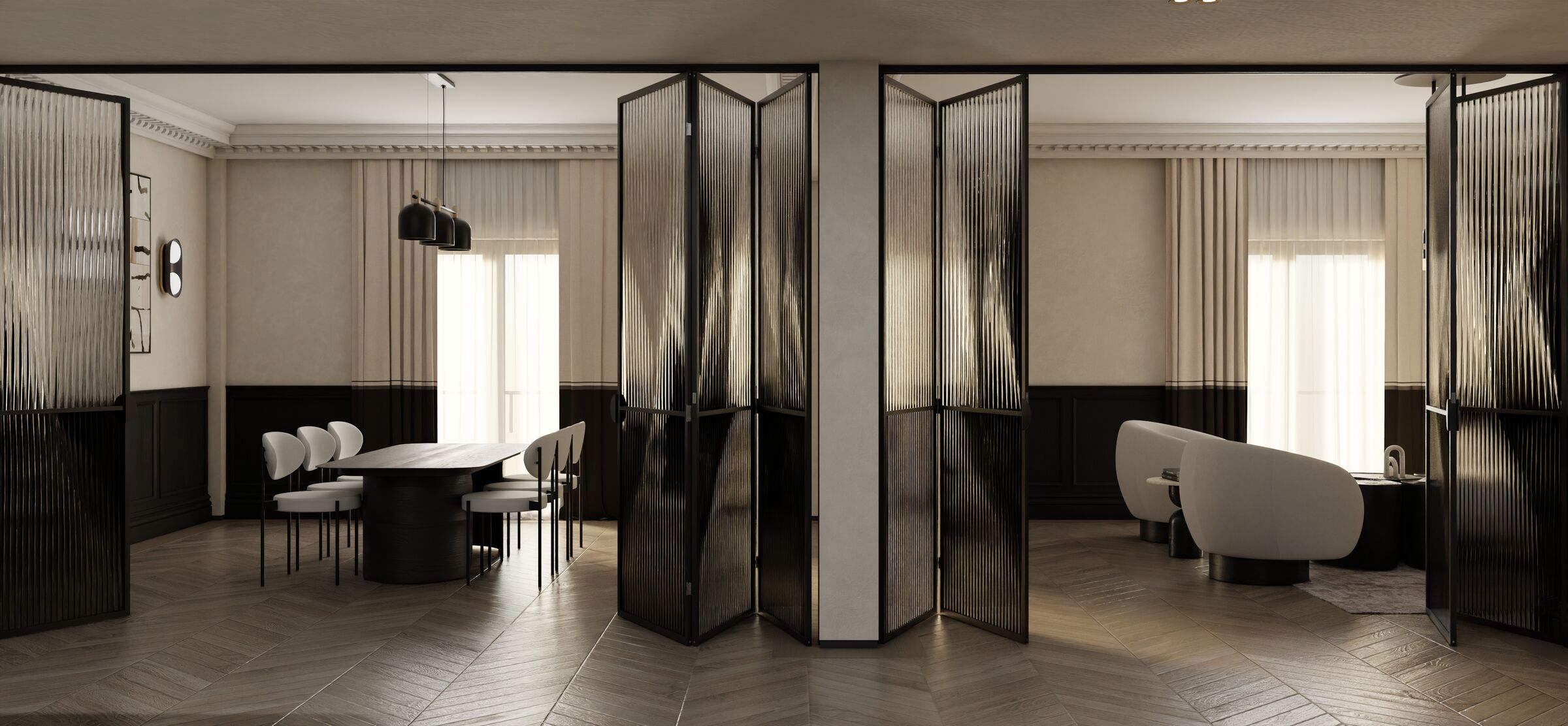 Bespoke folding partitions transform the spatial configuration, allowing the living and dining areas to function independently or as a continuous open-plan environment.