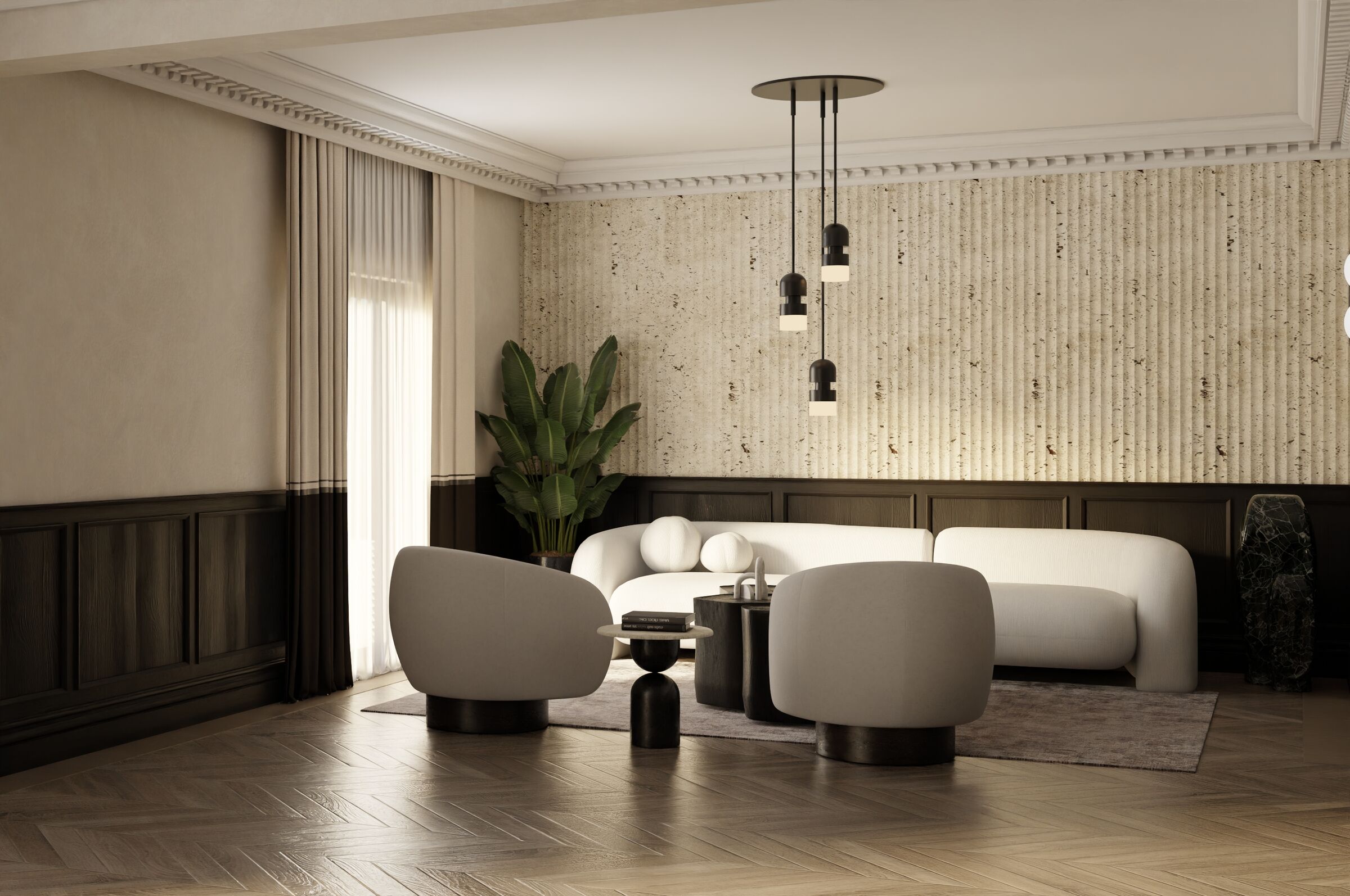 Soft furniture geometries, warm neutral tones, and carefully filtered daylight create a welcoming residential environment with a distinctive architectural identity.