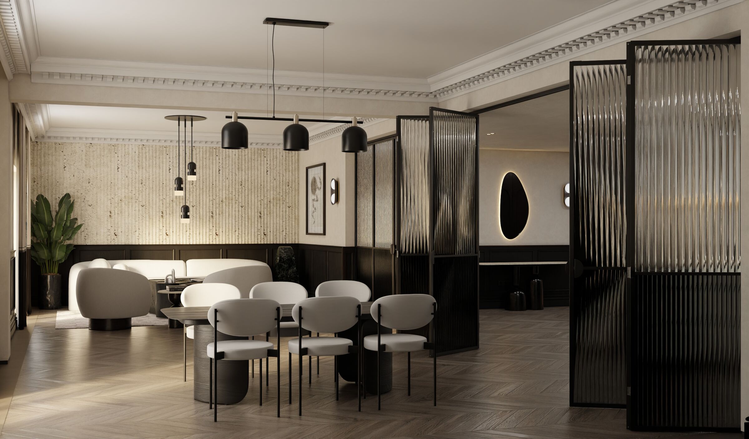 A contemporary dining space combines sculptural lighting, neutral upholstery, and translucent partitions, connecting modern functionality with the apartment's restored architectural features.
