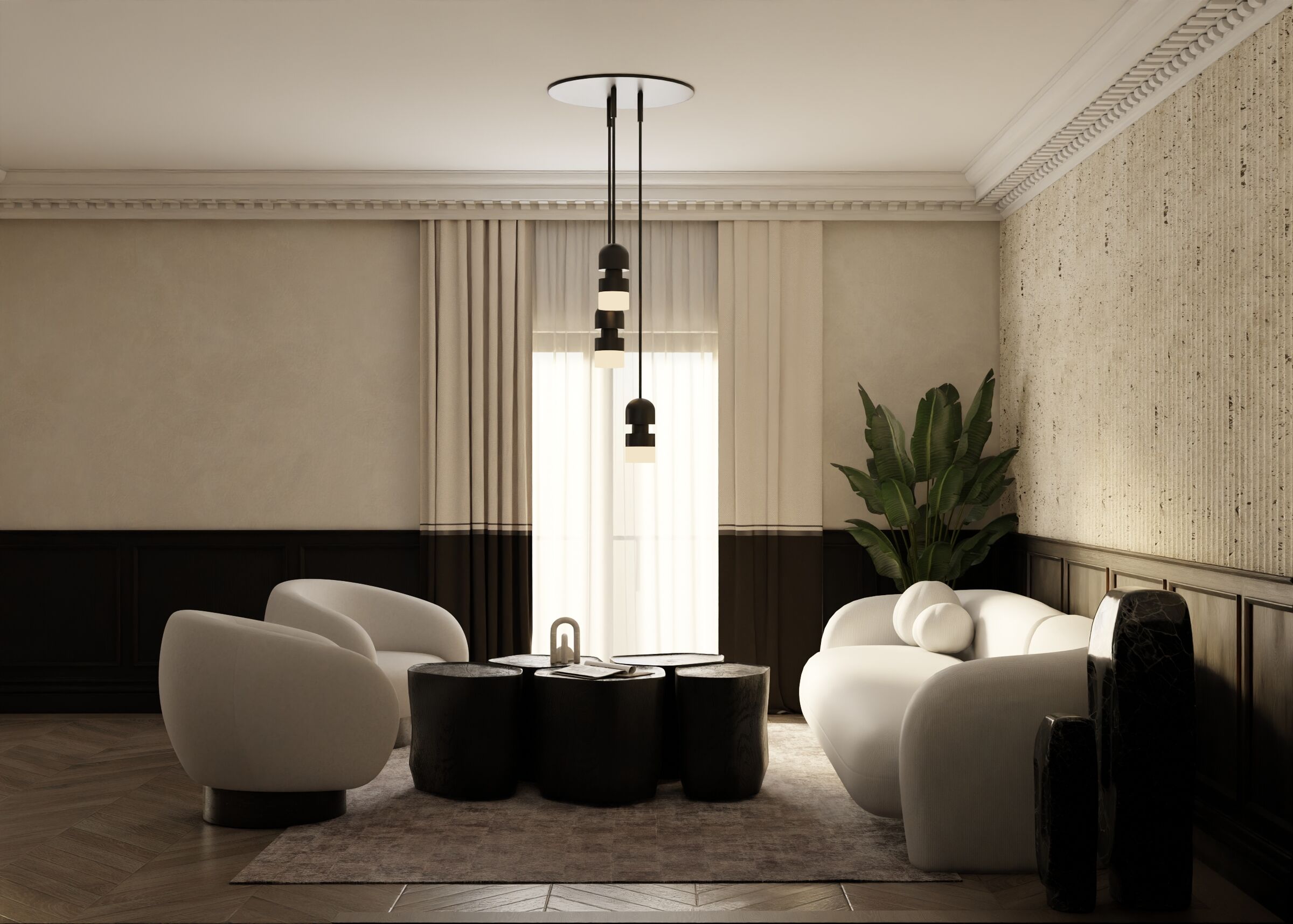The relationship between furniture, light, and architectural partitions creates visual continuity throughout the apartment, supporting a flexible approach to contemporary urban living.