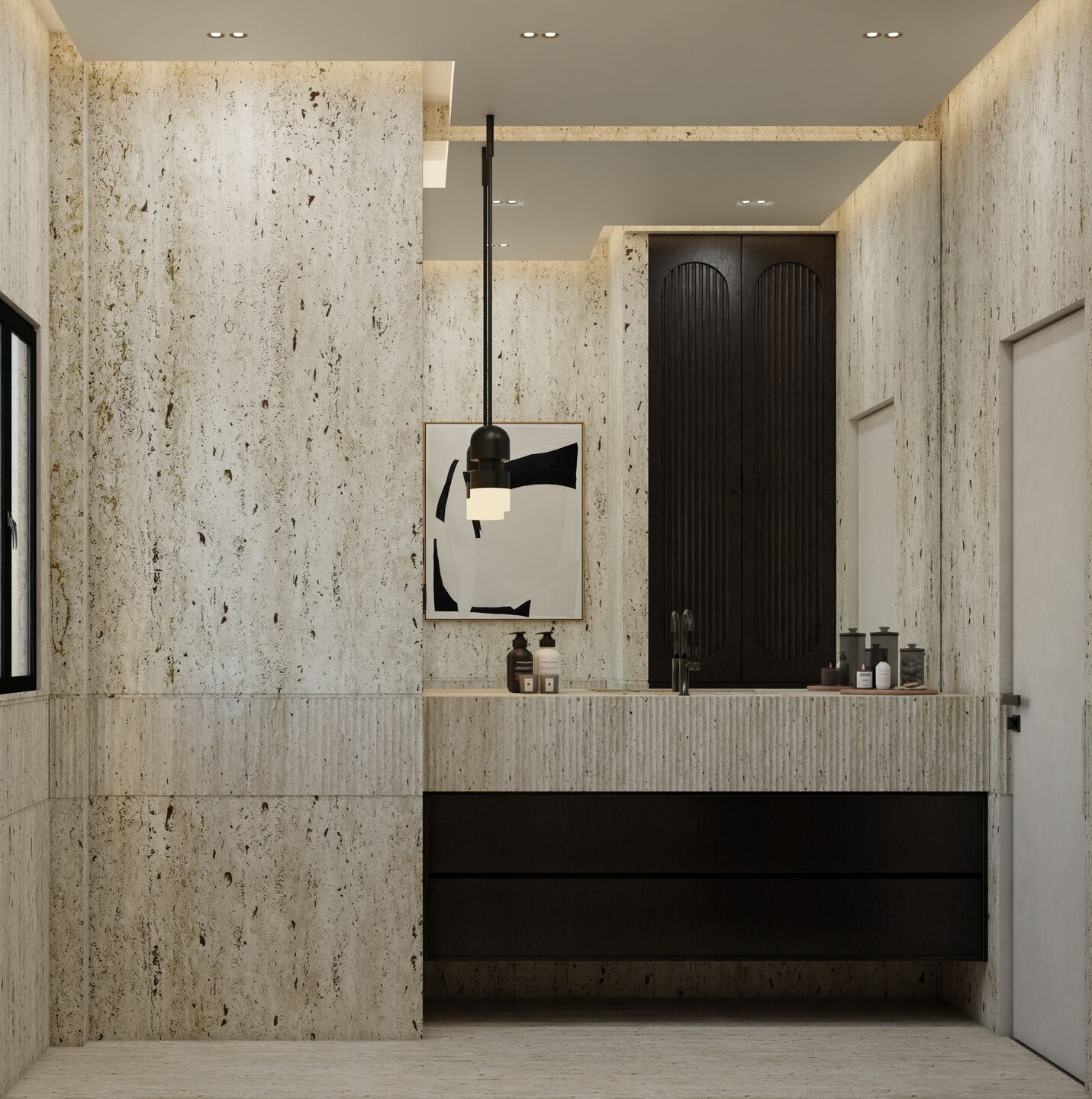 A minimalist console, illuminated mirror, and textured wall finishes define a contemporary entrance, combining functional simplicity with carefully preserved architectural details.