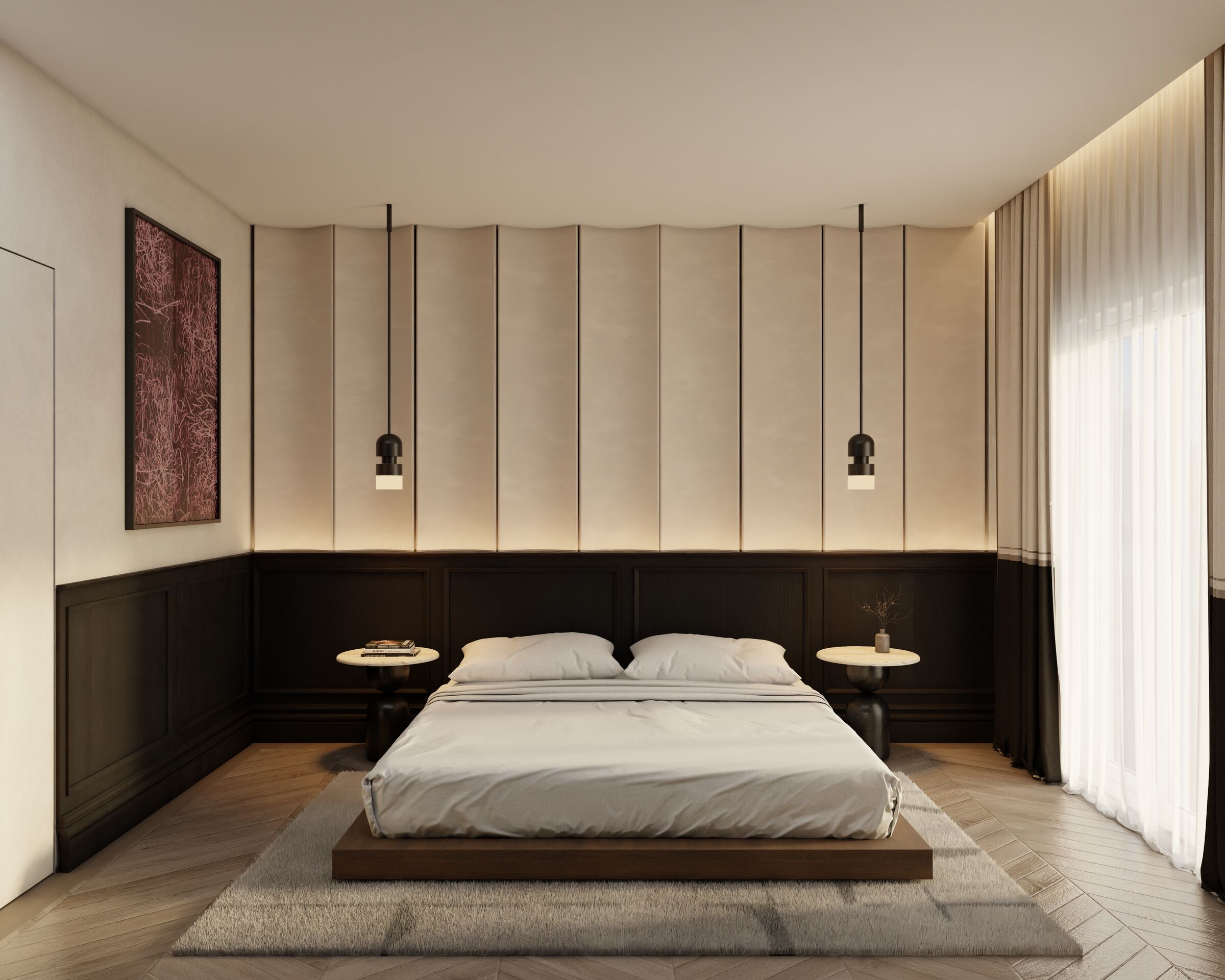 A symmetrical dining arrangement, sculptural furniture, and carefully positioned artwork reinforce the architectural clarity of the renovated Athens apartment.