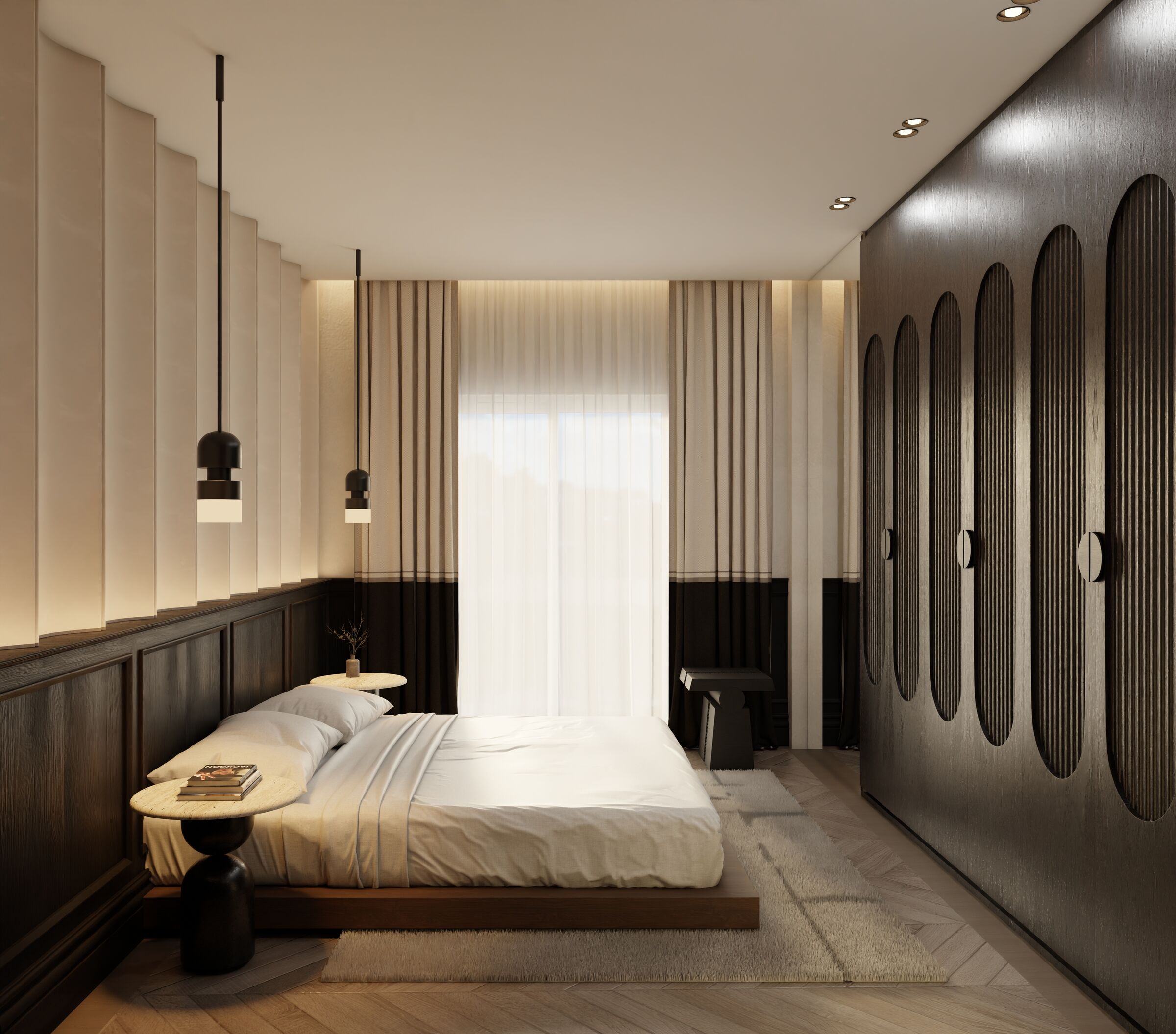 A floating stone console and softly illuminated mirror establish a minimalist architectural composition, emphasizing material contrast and refined interior detailing.