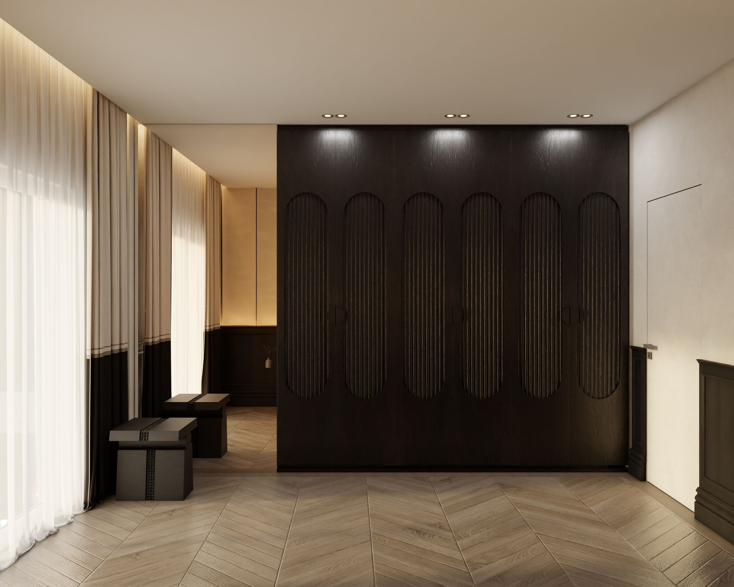 Sculptural pendant lights, textured surfaces, and dark timber paneling highlight the interplay of architectural materials and lighting within the contemporary living space.