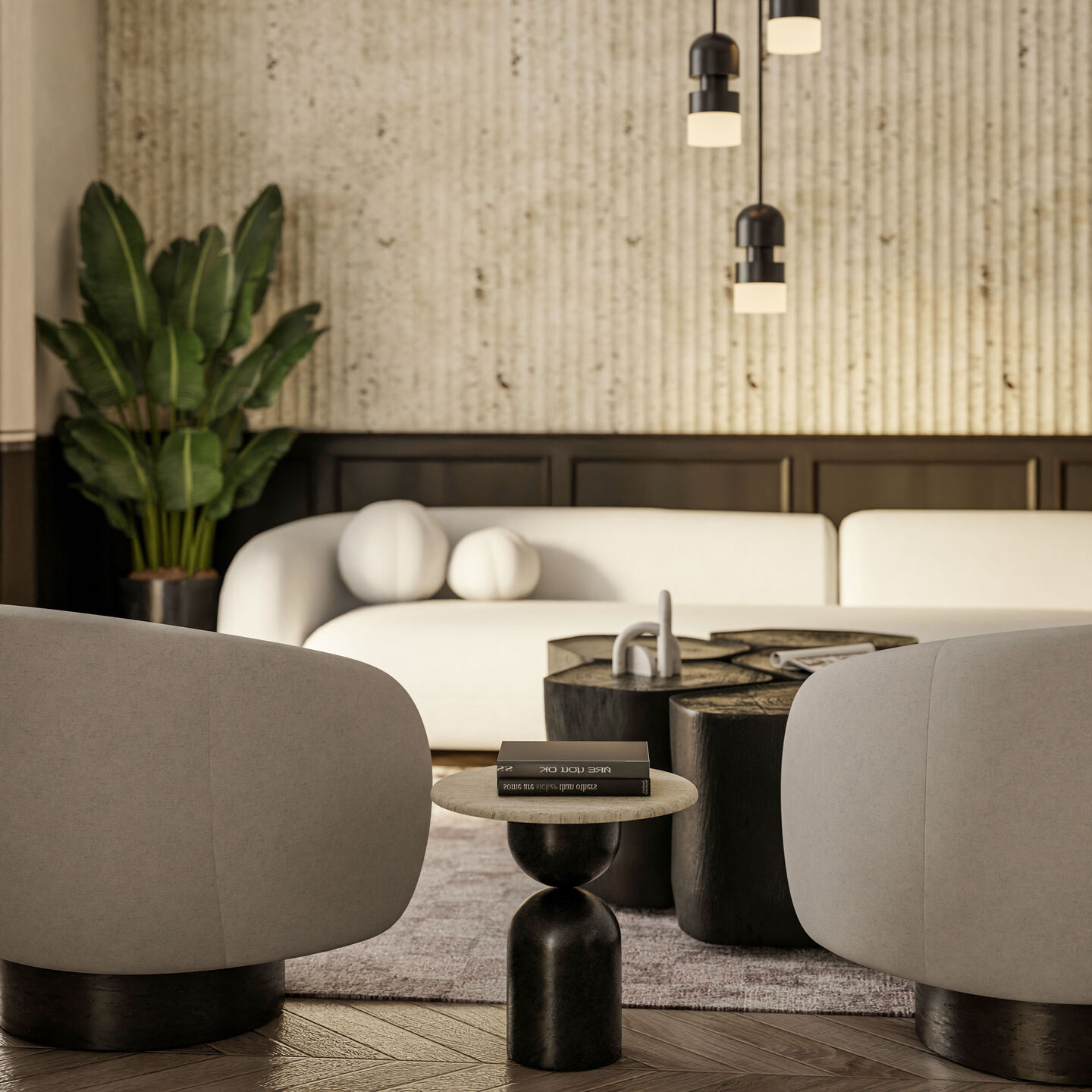 A dark sculptural stone element creates a tactile contrast against the surrounding textured wall surfaces and traditional timber paneling.