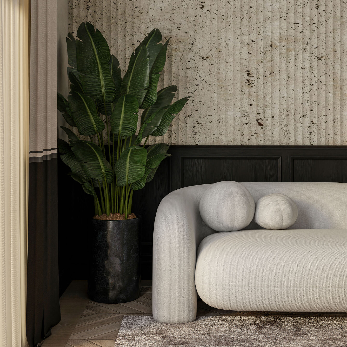 A sculptural artwork positioned against dark architectural finishes introduces visual depth and strengthens the relationship between art and interior architecture.