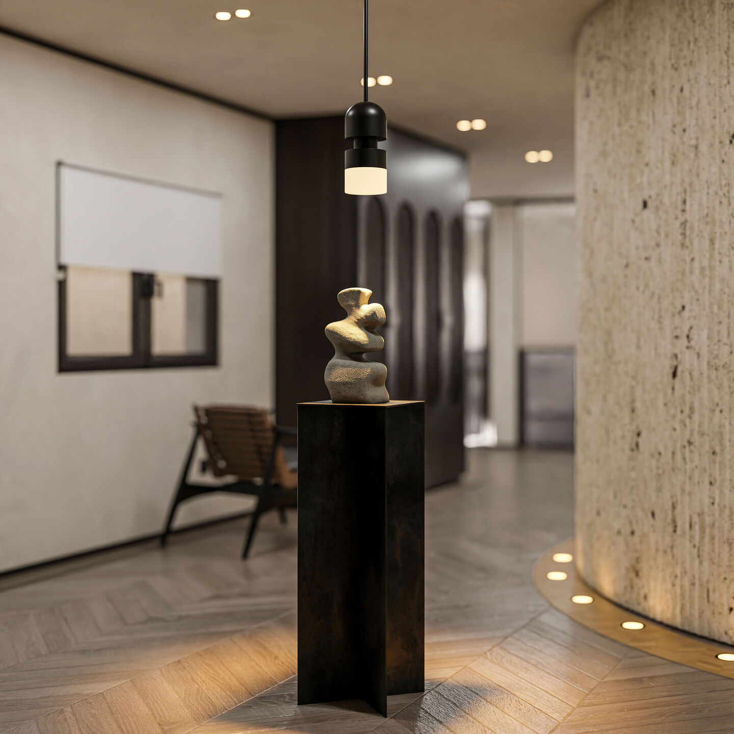 The combination of dark stone, restored wall detailing, and timber paneling illustrates the careful integration of natural materials within the apartment renovation.