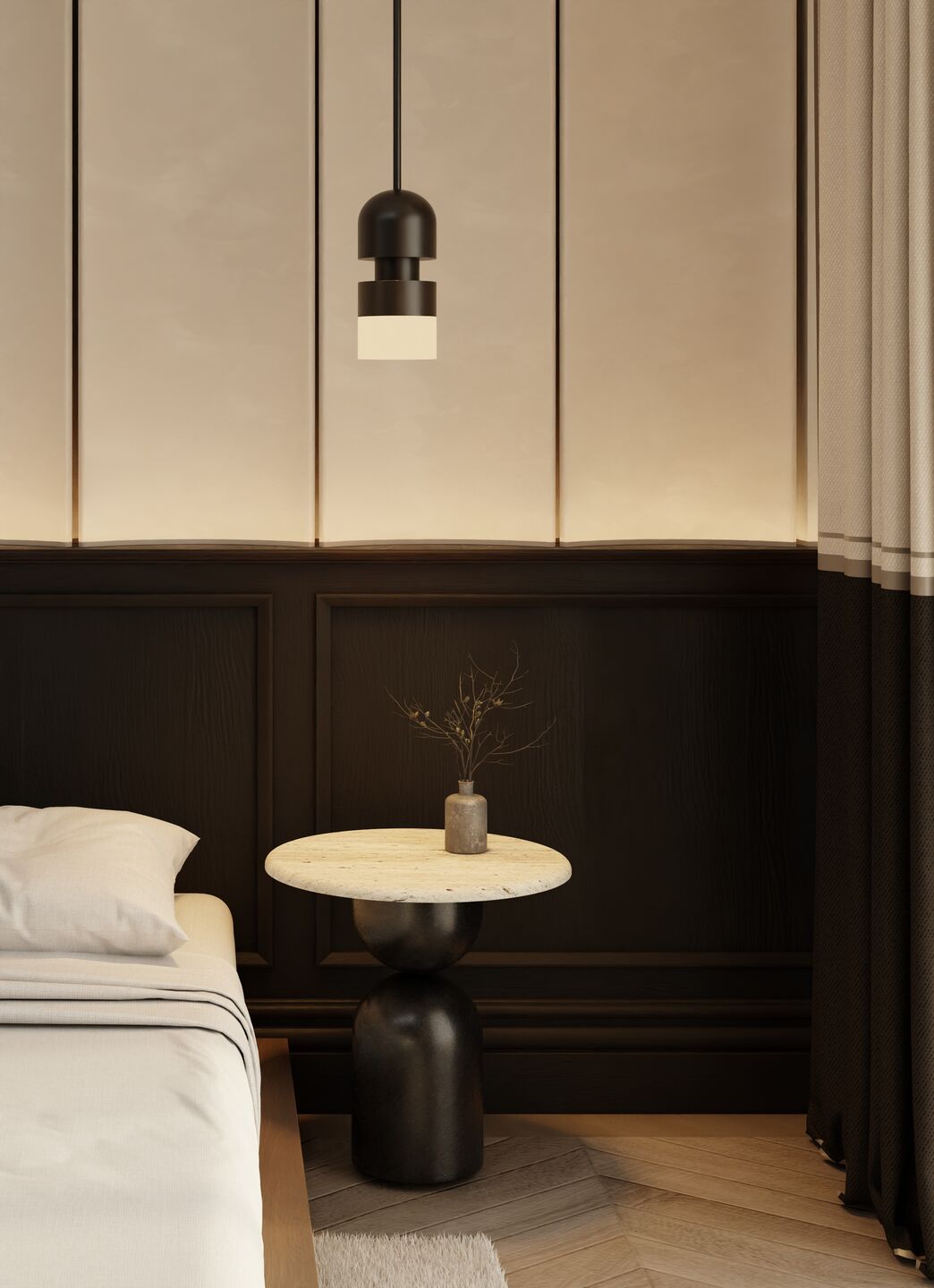 A minimalist sculpture becomes a focal point against the dark wall background, emphasizing composition, contrast, and carefully controlled illumination.