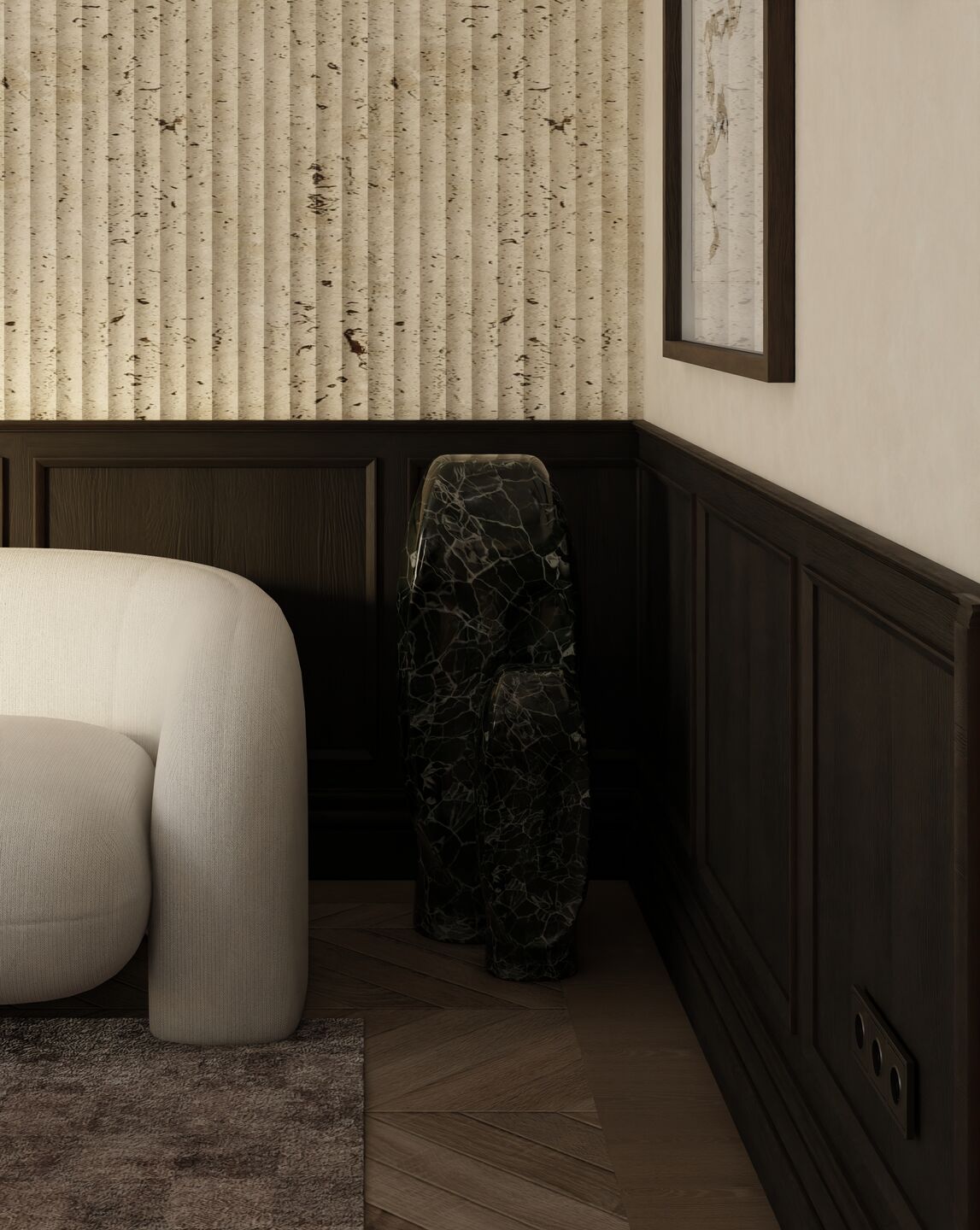 Contemporary artwork, decorative wall moldings, and a refined dining arrangement establish a dialogue between the apartment's original architectural character and modern interior design.