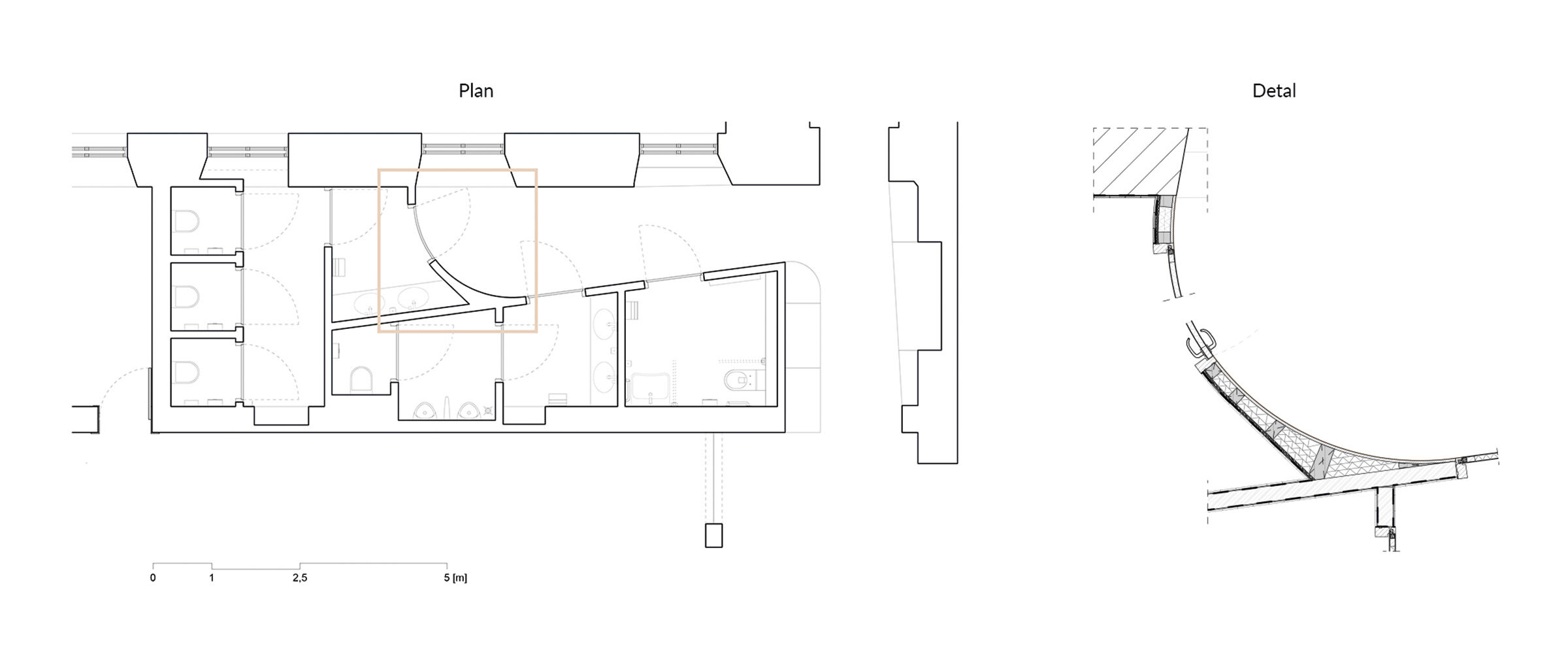 Plan of interior with detail of the curved wall