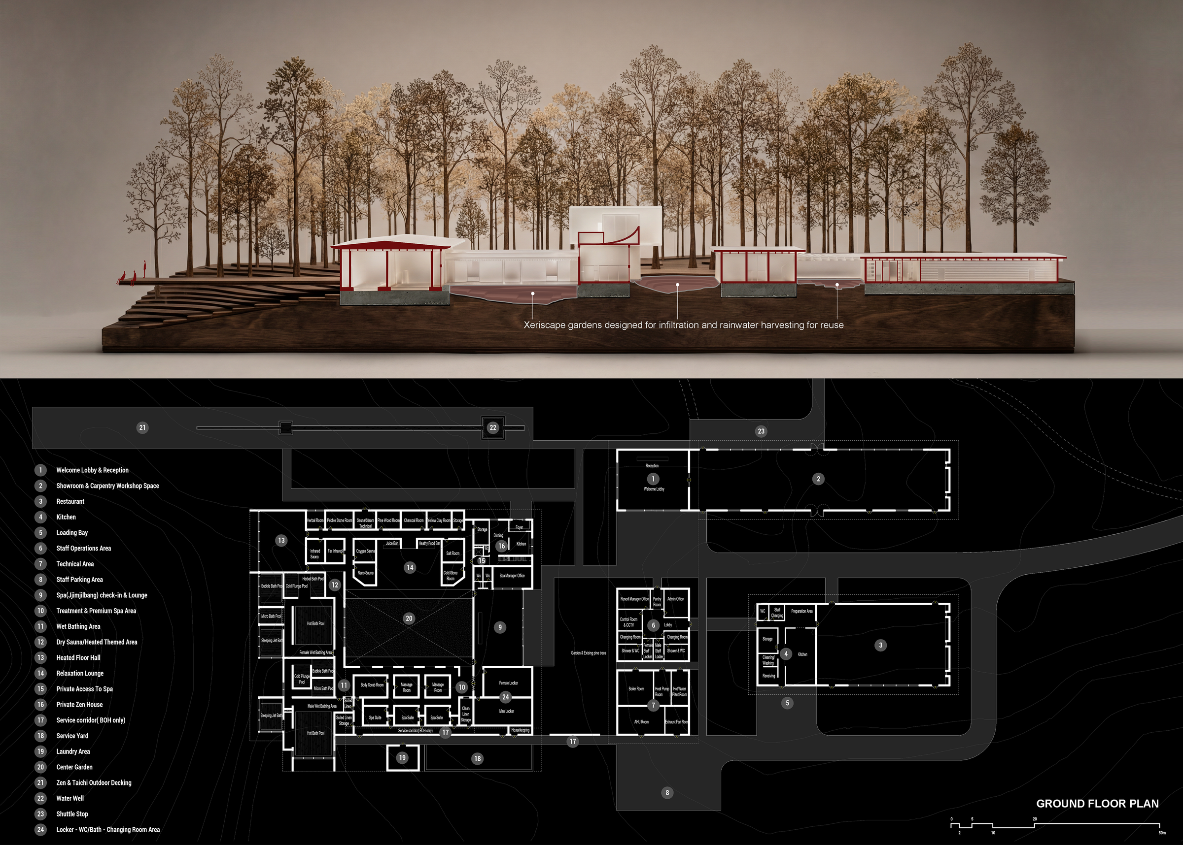 Water is collected, filtered, and returned, forming a closed-loop system rooted in the site’s history.