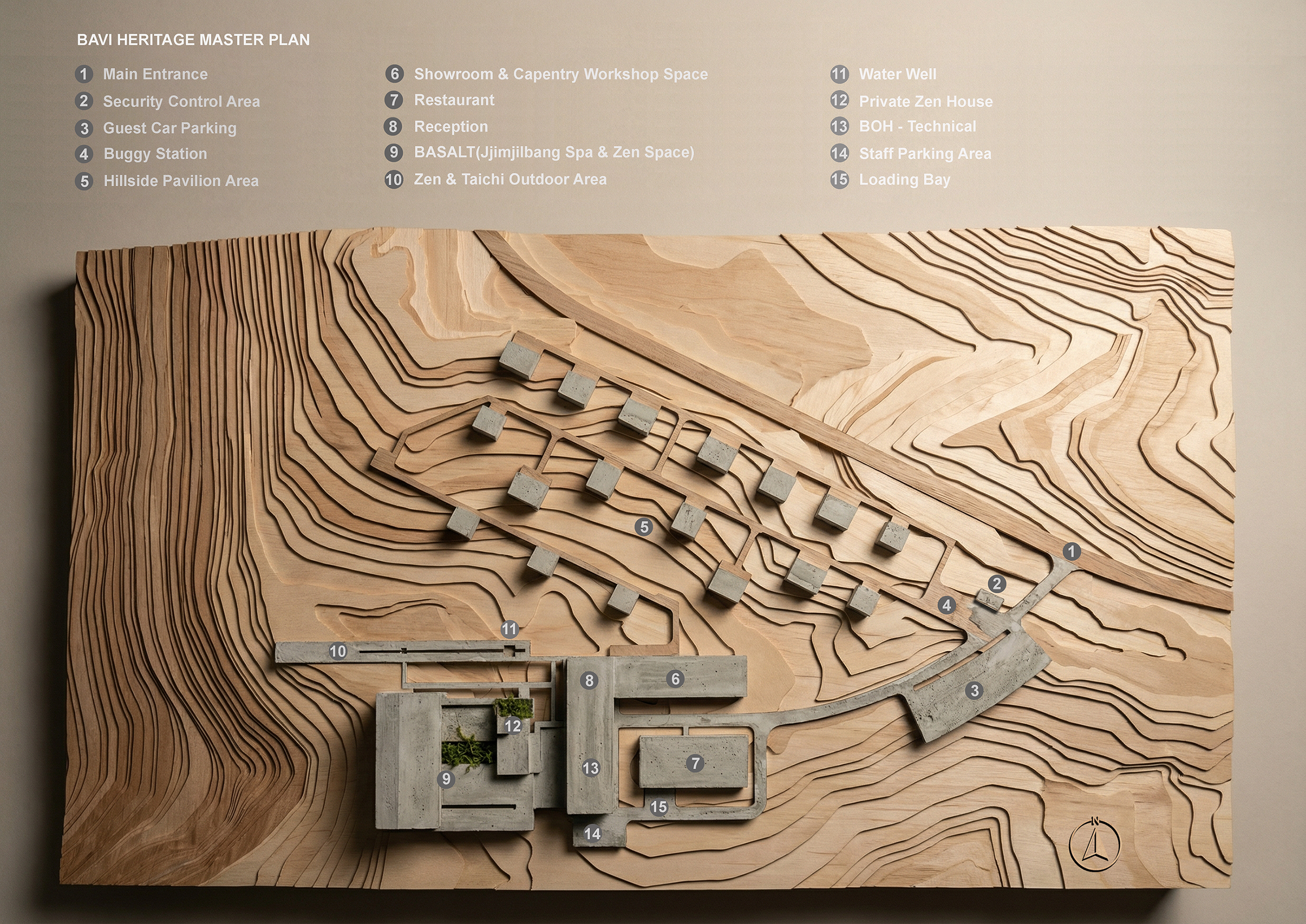 The project is organized as a field condition, where built fragments and forest clearings coexist as a continuous system.