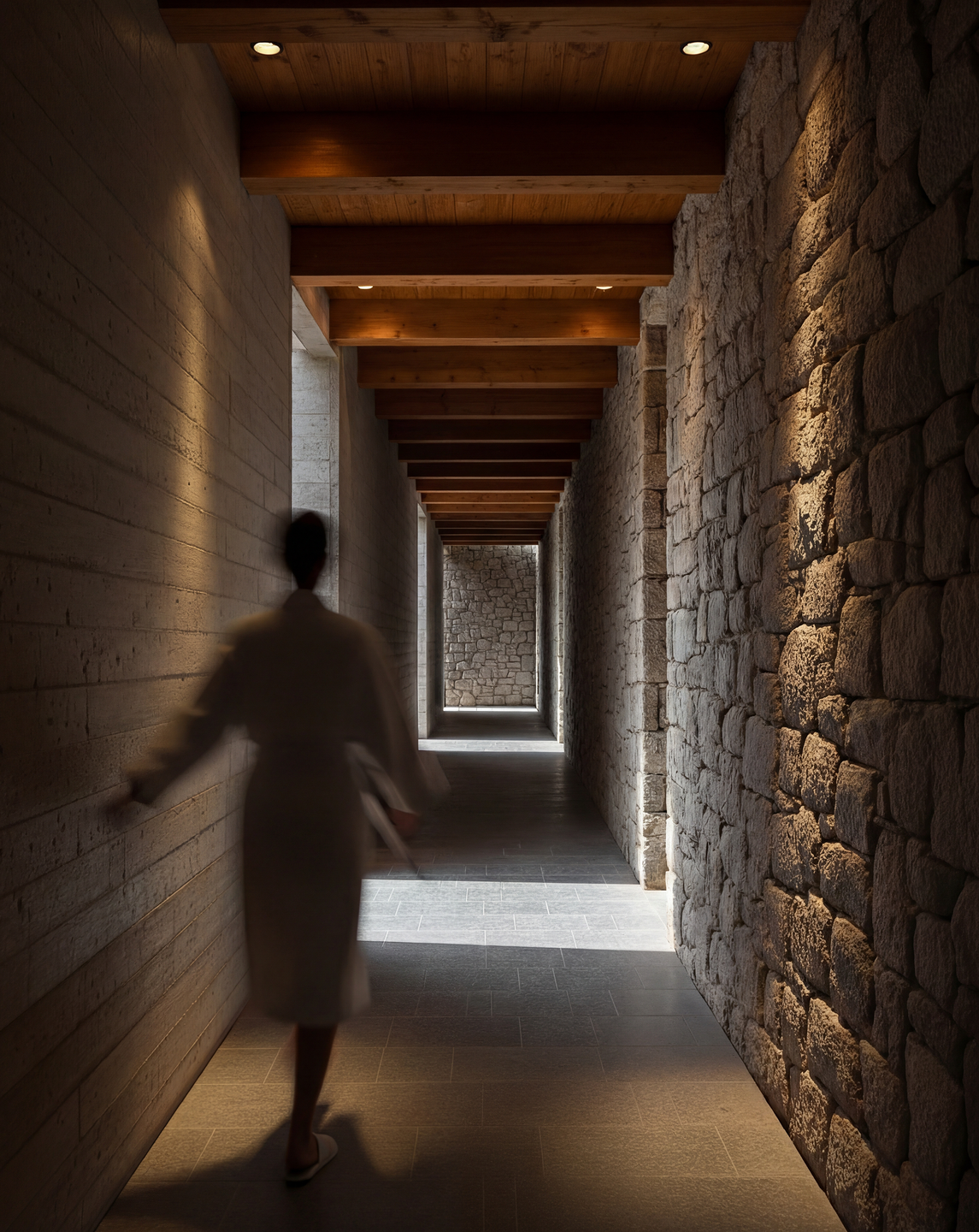 Rough stone and exposed concrete establish a precise distance between past and present.