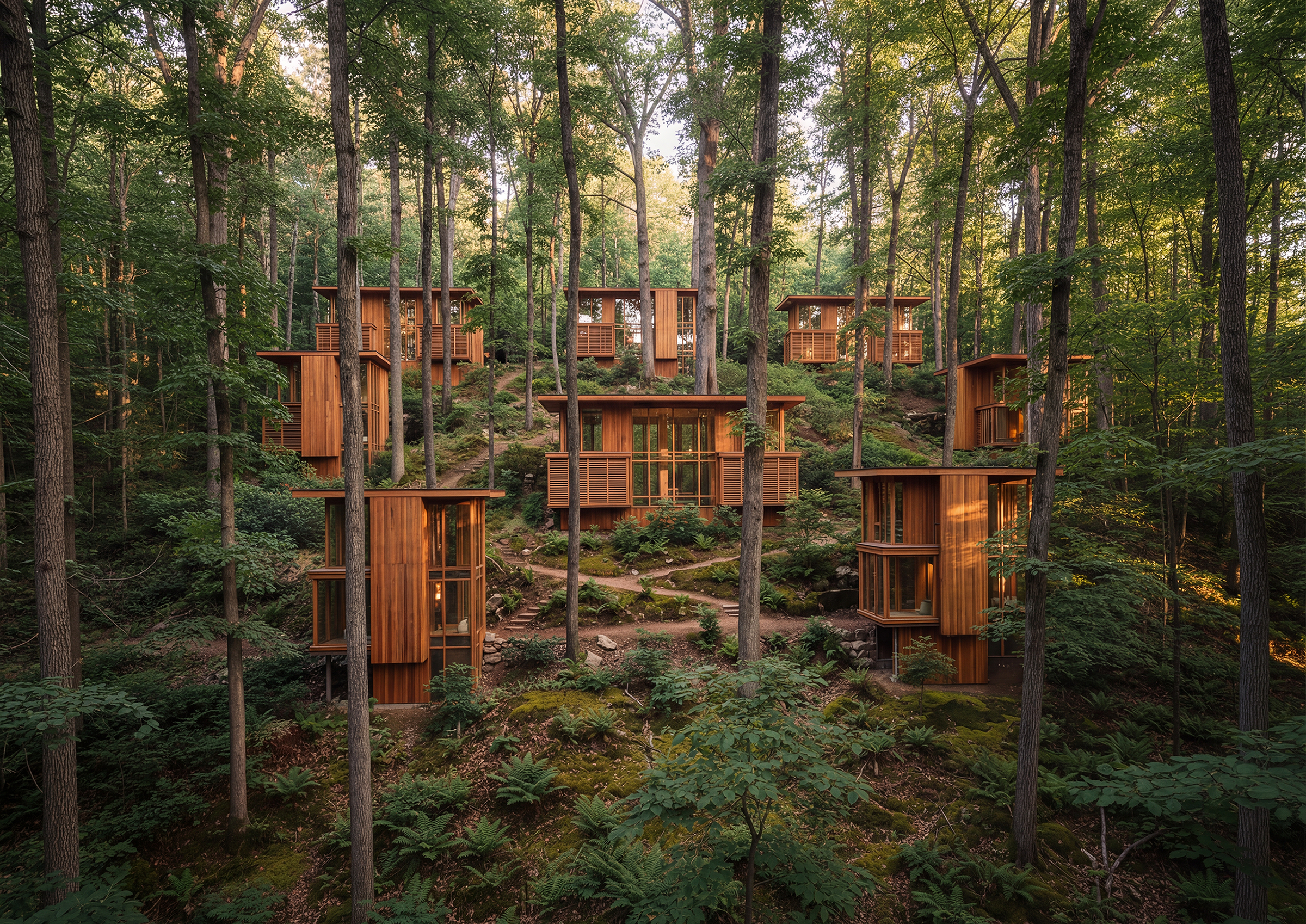 Pavilions are positioned within natural clearings, allowing the forest to determine their placement and form.