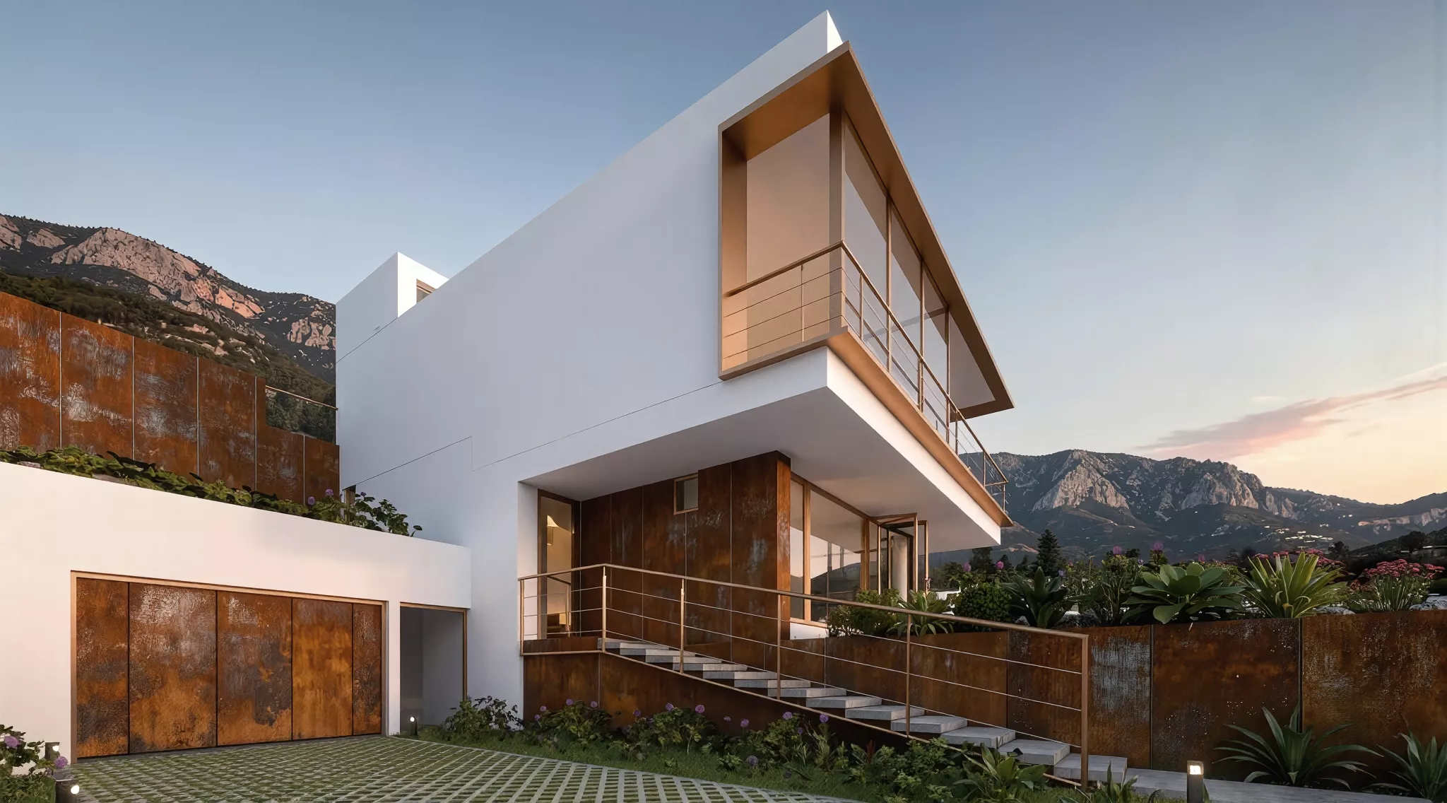 Tectonic continuity through weathering steel. The material unifies the garage, retaining walls, and the architectural promenade toward the entrance.