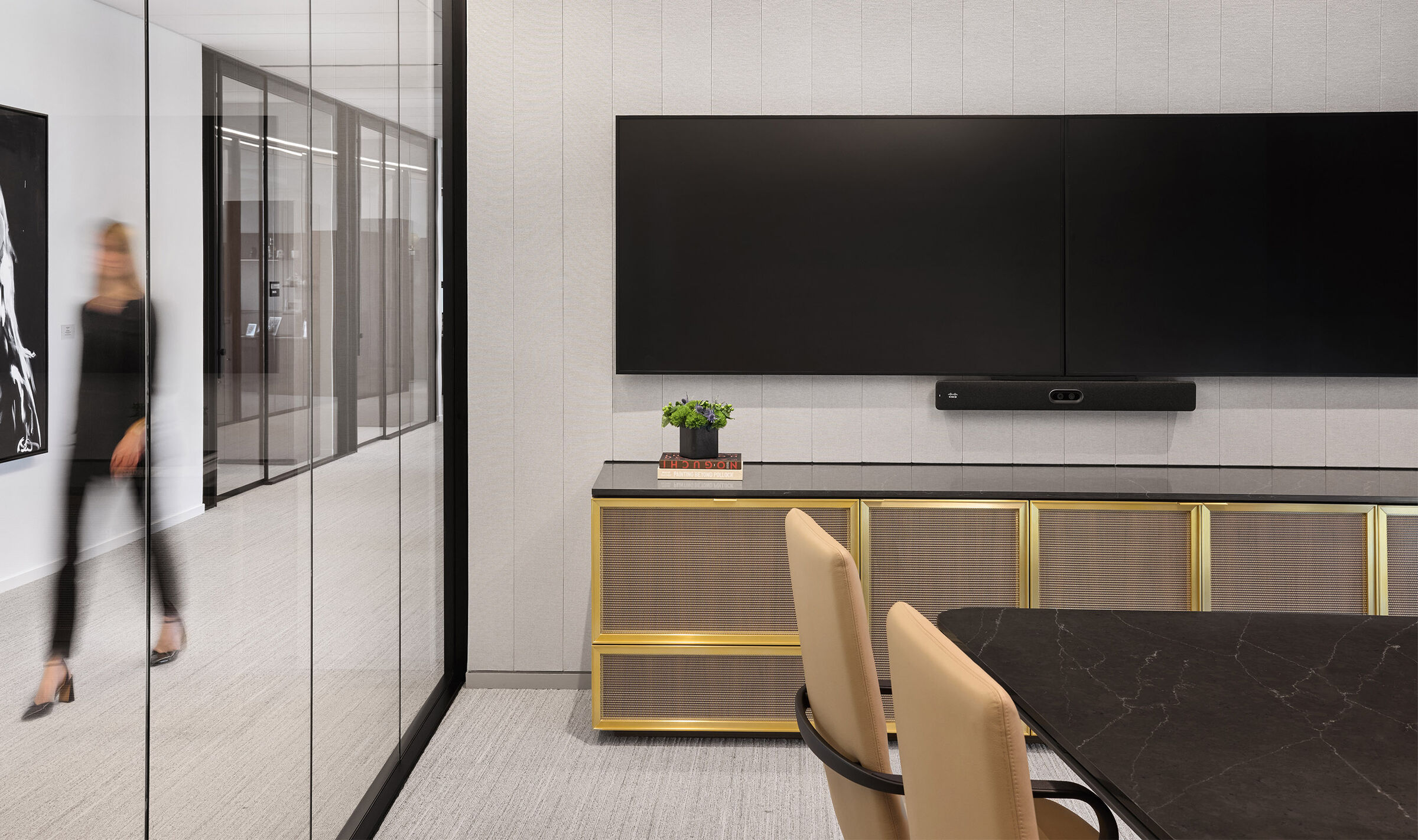 Woven Wire Mesh cladding cabinetry in corporate settings