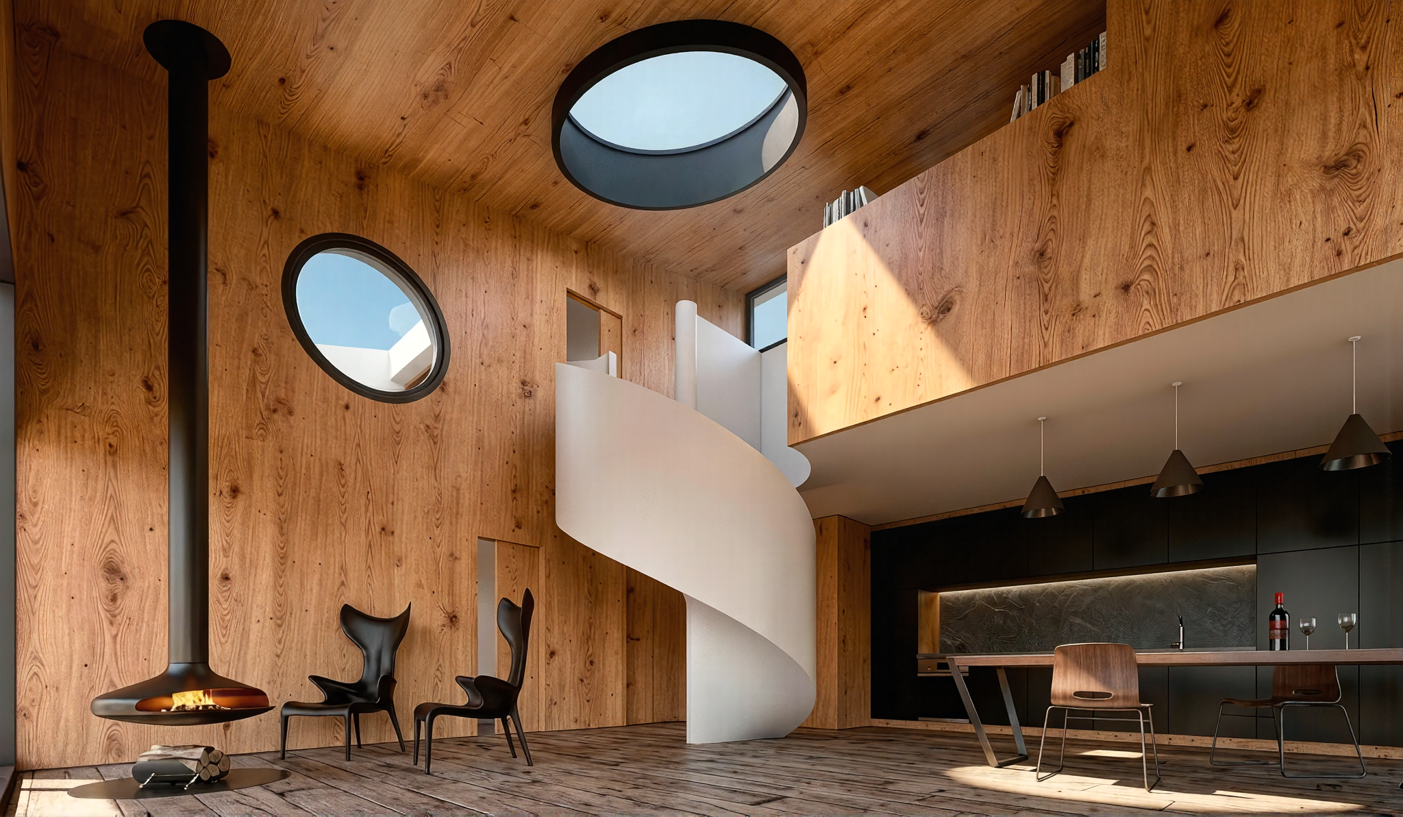 Knotty pine wood envelops the interior, framing the suspended fireplace and sculptural white spiral staircase, while circular skylights flood the double-height volume with natural light.