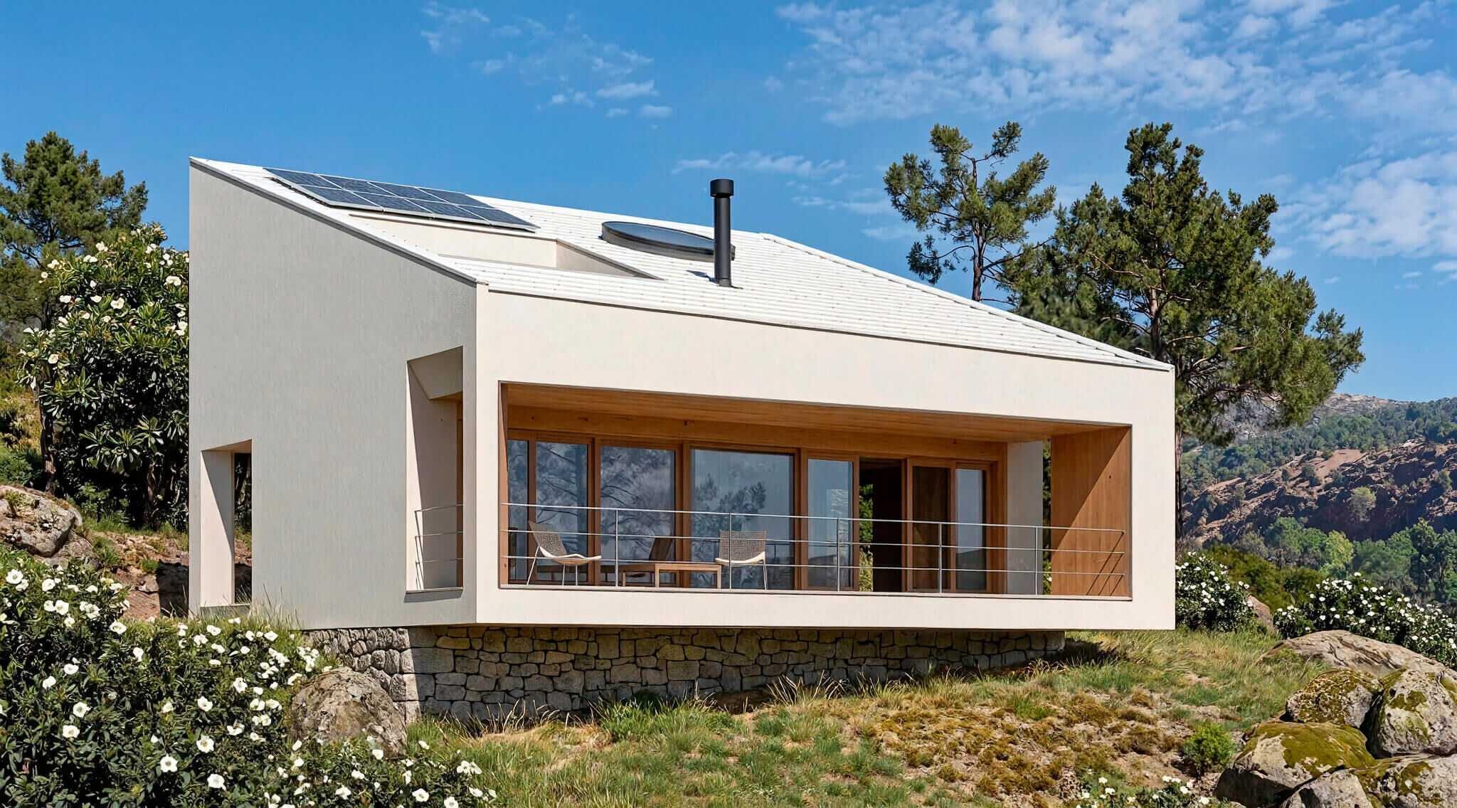 Mountain House in Madrid: High-efficiency compact volume. Features a continuous ETICS (SATE) envelope with white flat tiles. Includes a recessed wooden porch for passive solar regulation and a local stone plinth for topographic integration.