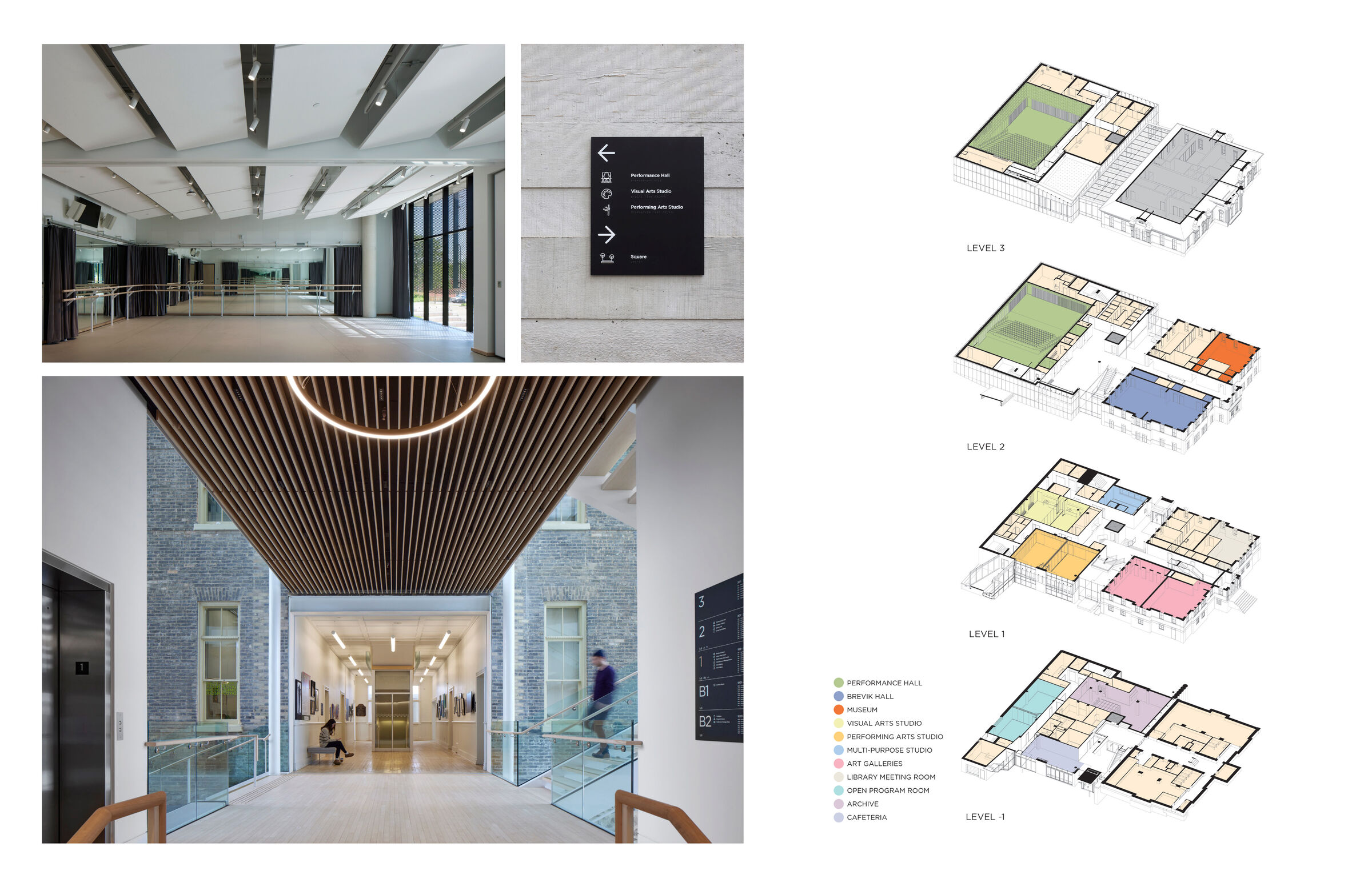 A complex range of programmatic functions are negotiated with clear circulatory elements and wayfinding design.
