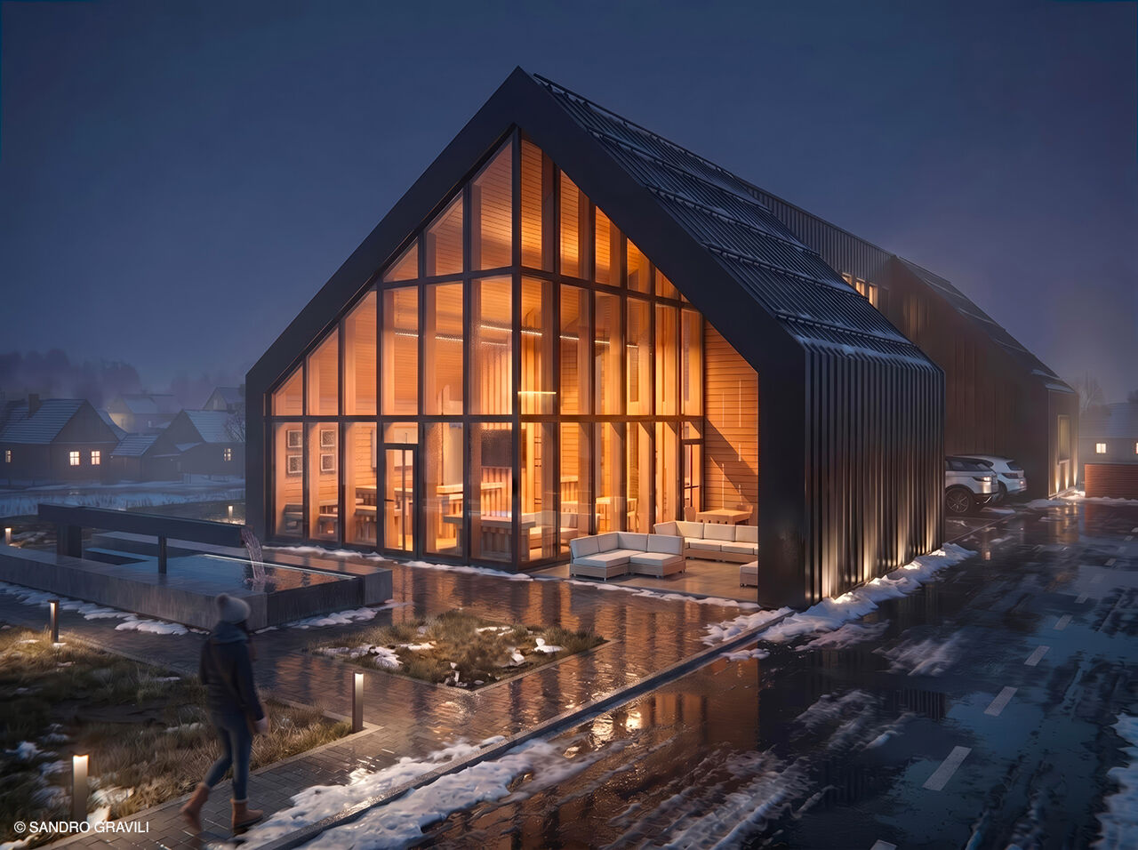 Night exterior view — Aukštaitija National Park Visitor Center Competition, Utena, Lithuania