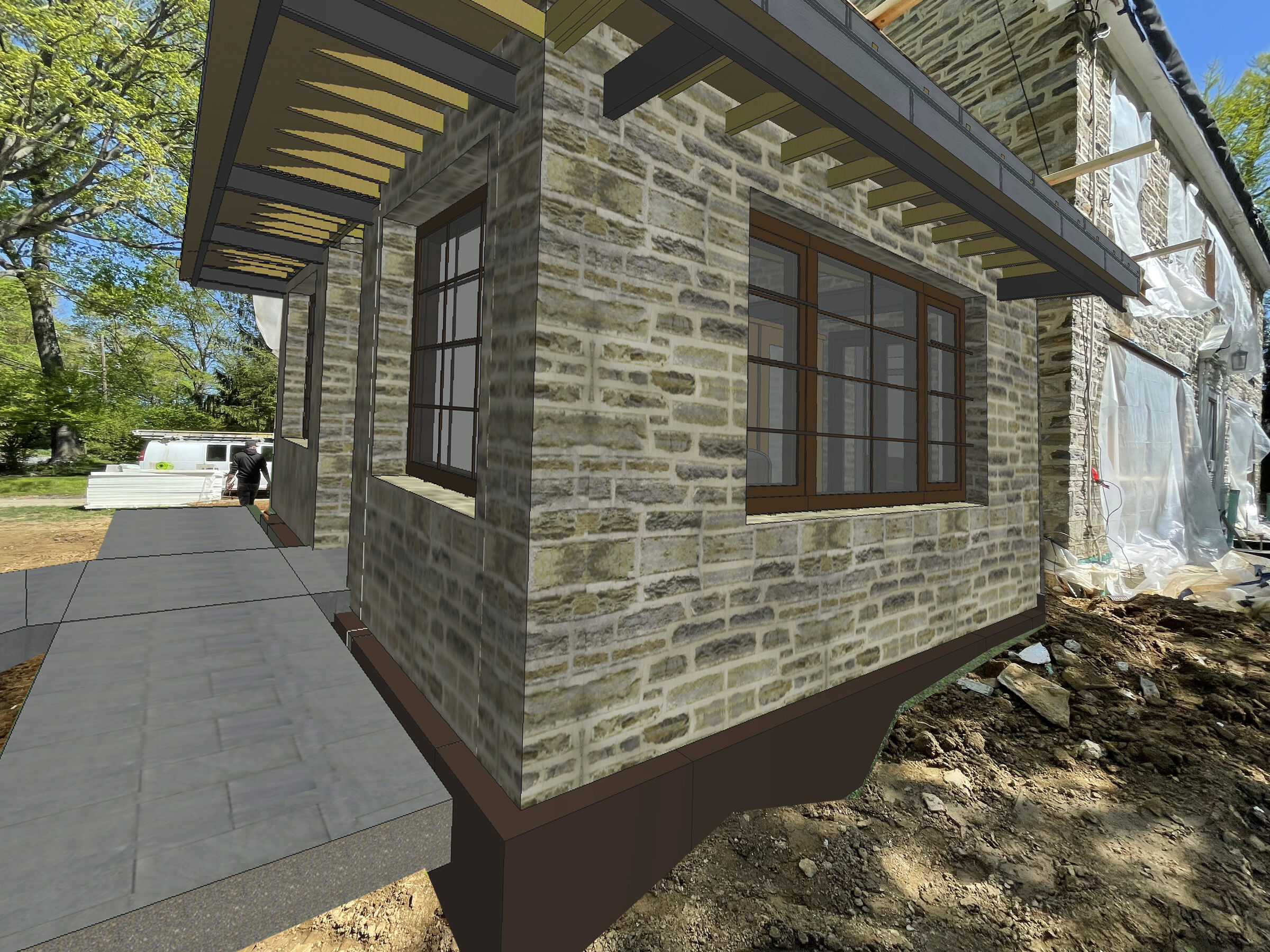 Accessible Masonry Gut Renovation - Exterior. Rendering of steel and wood structure at additions.