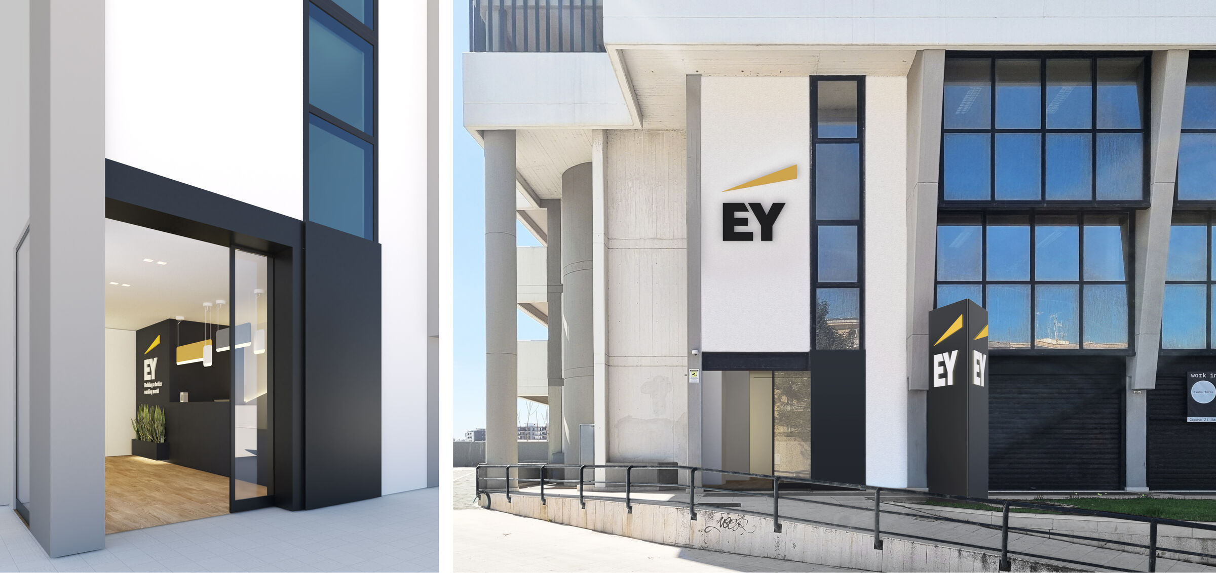 The new façade on Via Oberdan, featuring the EY sign: the dedicated reception area looks directly out onto the street.