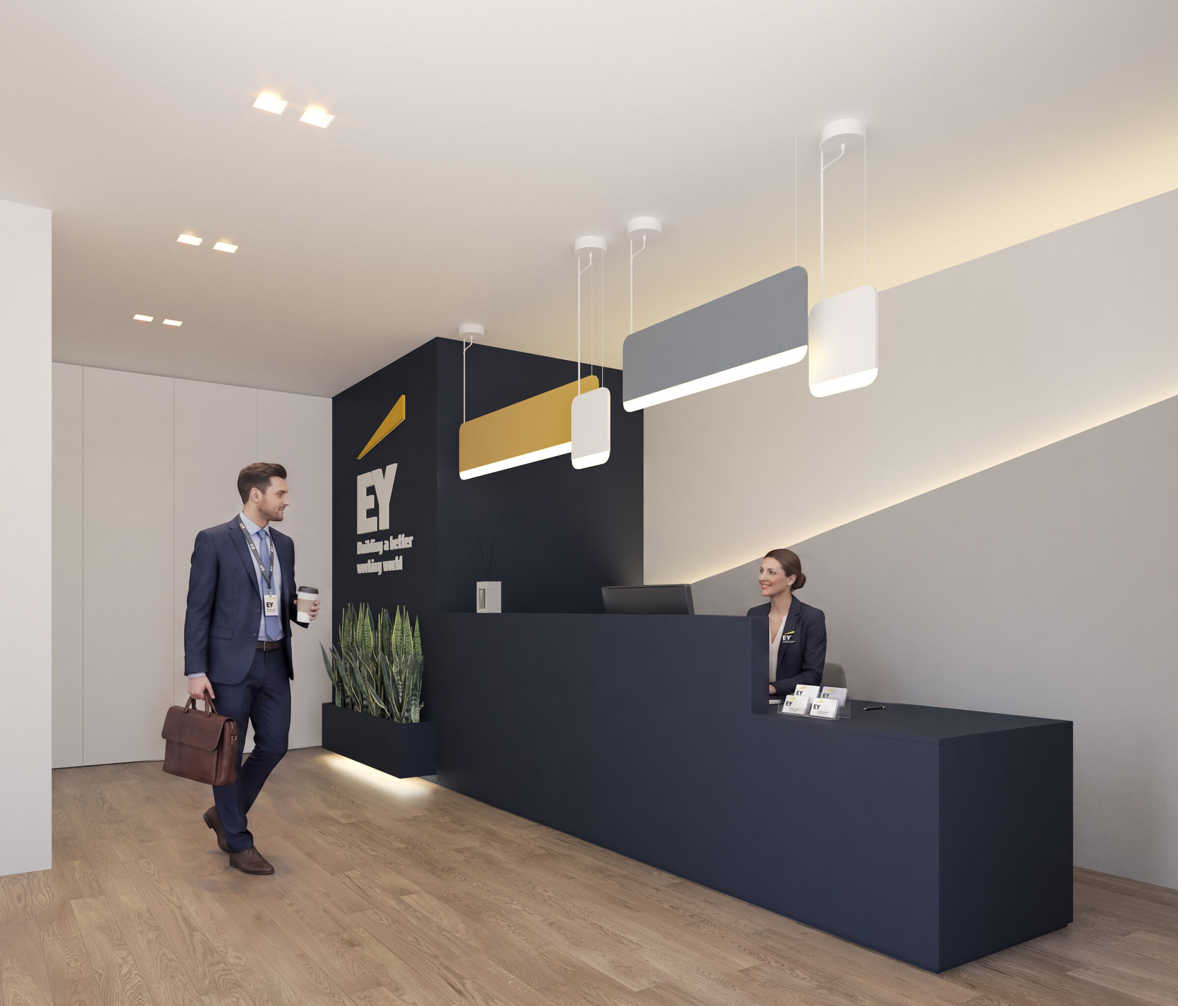 The dedicated reception area on the ground floor, with its dark counter and illuminated EY logo, welcomes guests and staff.