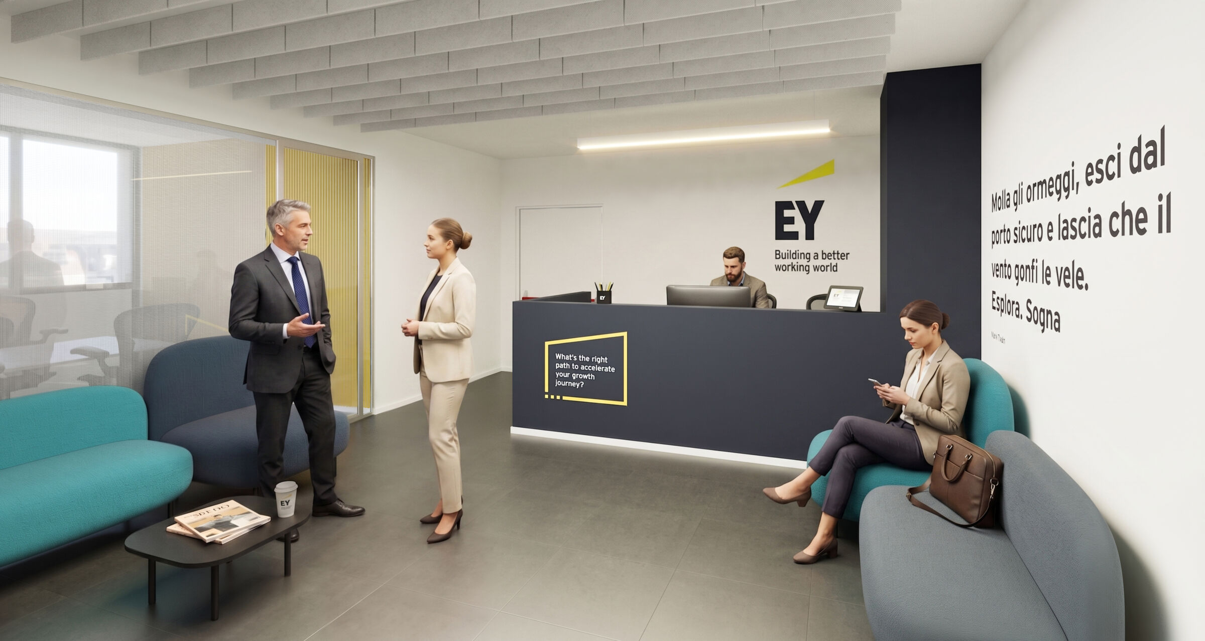 The reception area on the first floor, where the slogan on the wall and the comfortable seating set the tone for the brand.