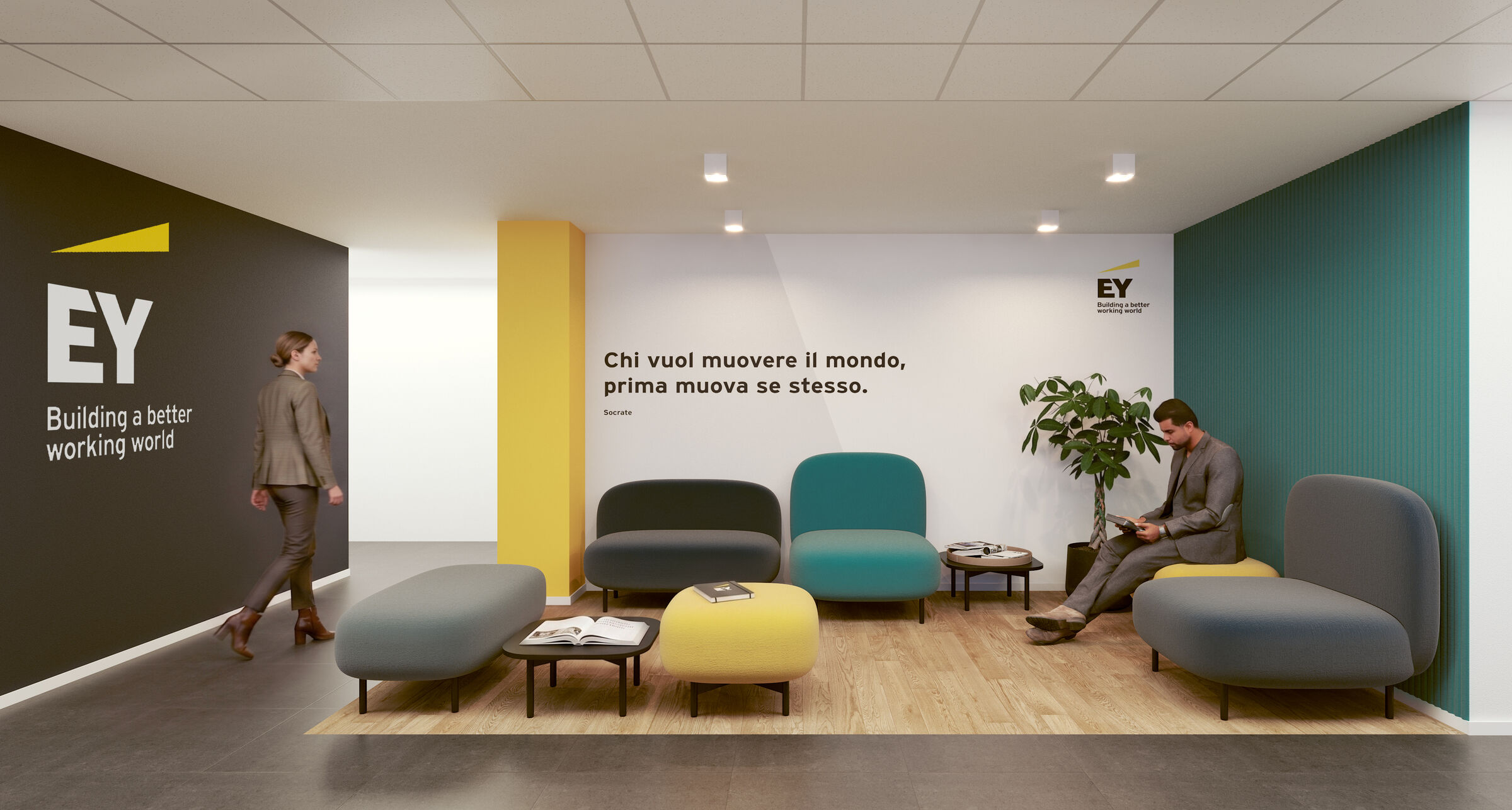 The shared entrance on the second floor, with its teal wall and ottomans: an informal transition between the different areas.