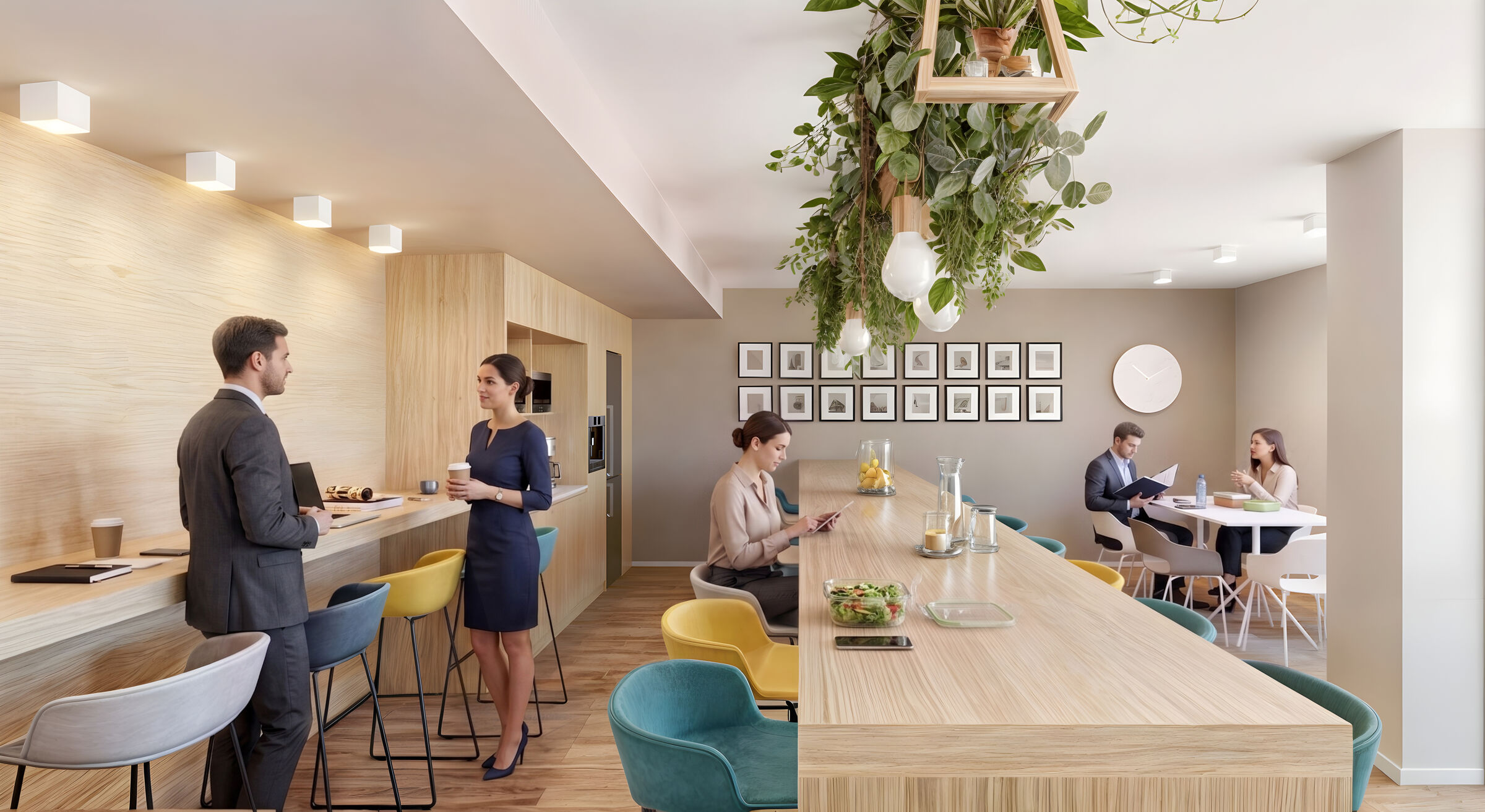 The coffee hub with its timber island, colourful stools and hanging plants: a place for informal socialising amongst the teams.