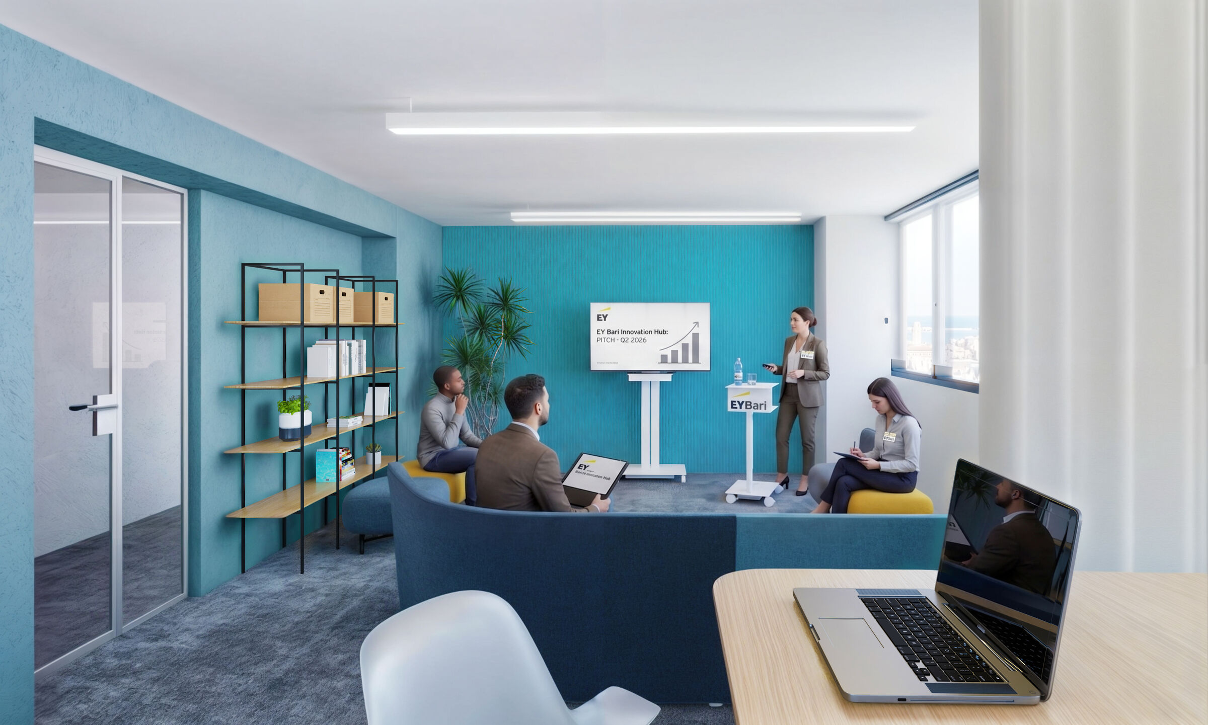 The Innovation Hub on the third floor, with blue walls and movable furniture, is designed for workshops and co-design sessions.