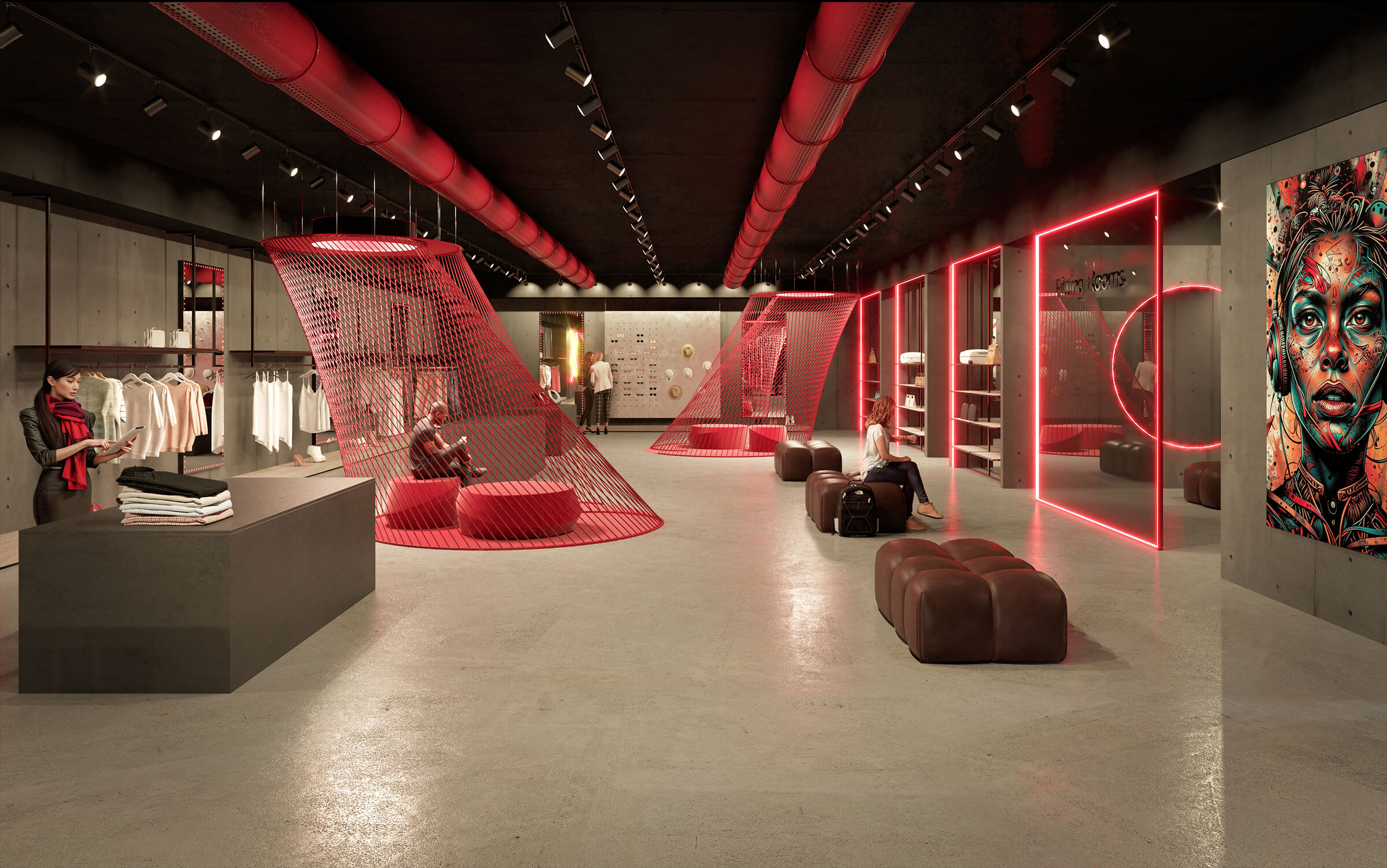 The open-plan sales area, with its lounge areas featuring taut red wires, exposed red ductwork and concrete walls.