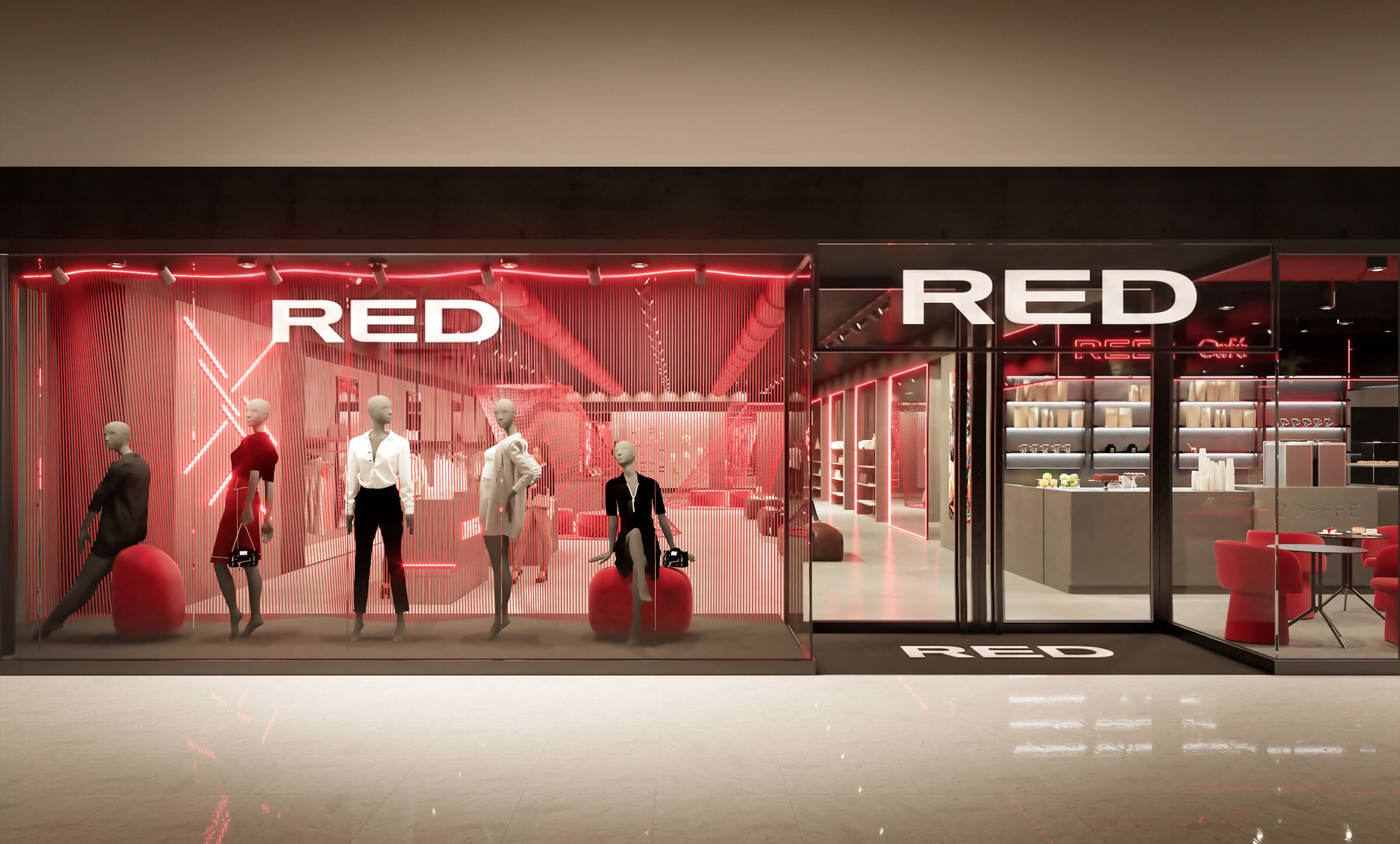 The façade facing the shopping arcade, featuring the RED logo, a shop window with mannequins and a café visible from the outside.