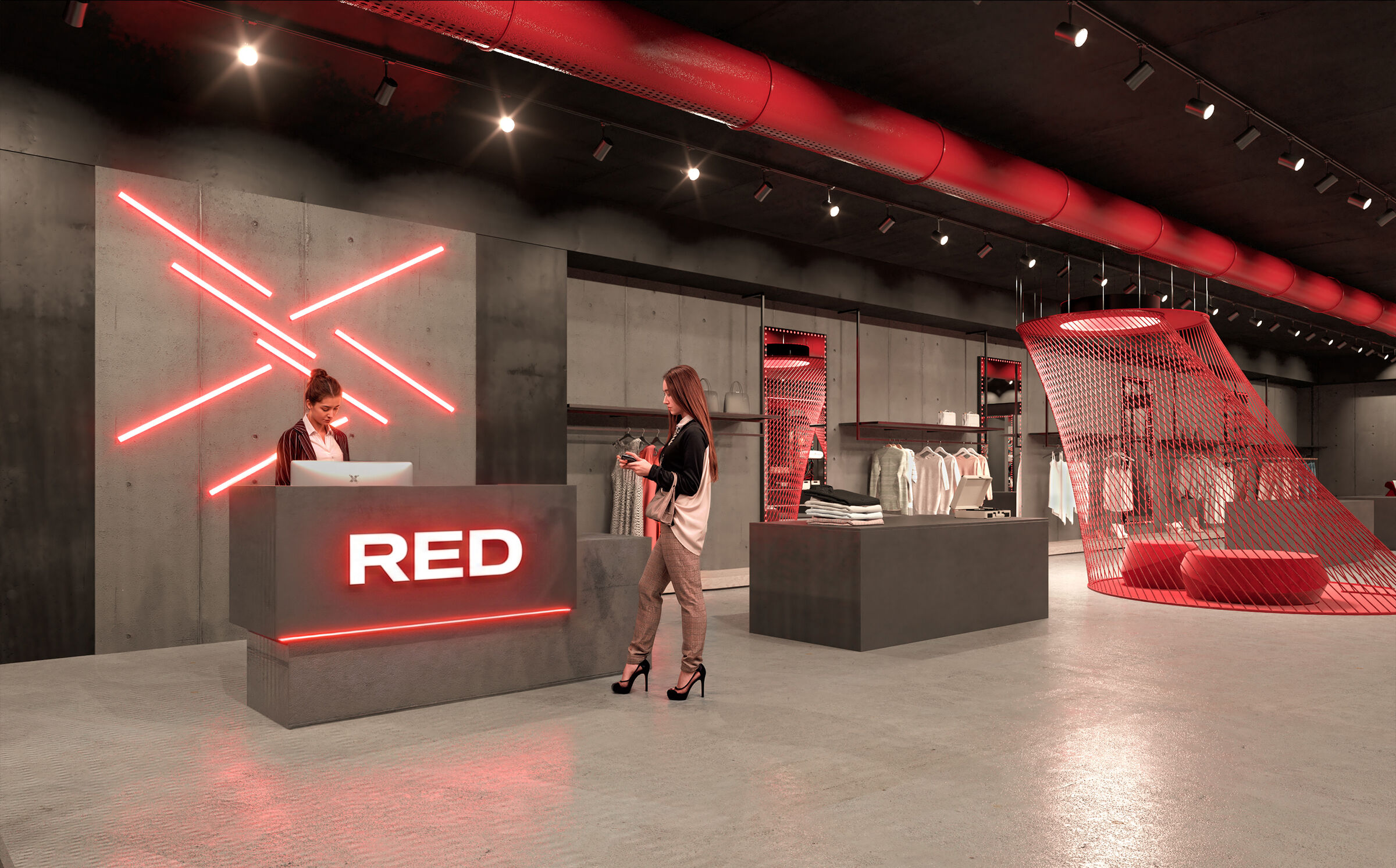 The till counter with its backlit RED logo and the large neon X on the exposed concrete wall.