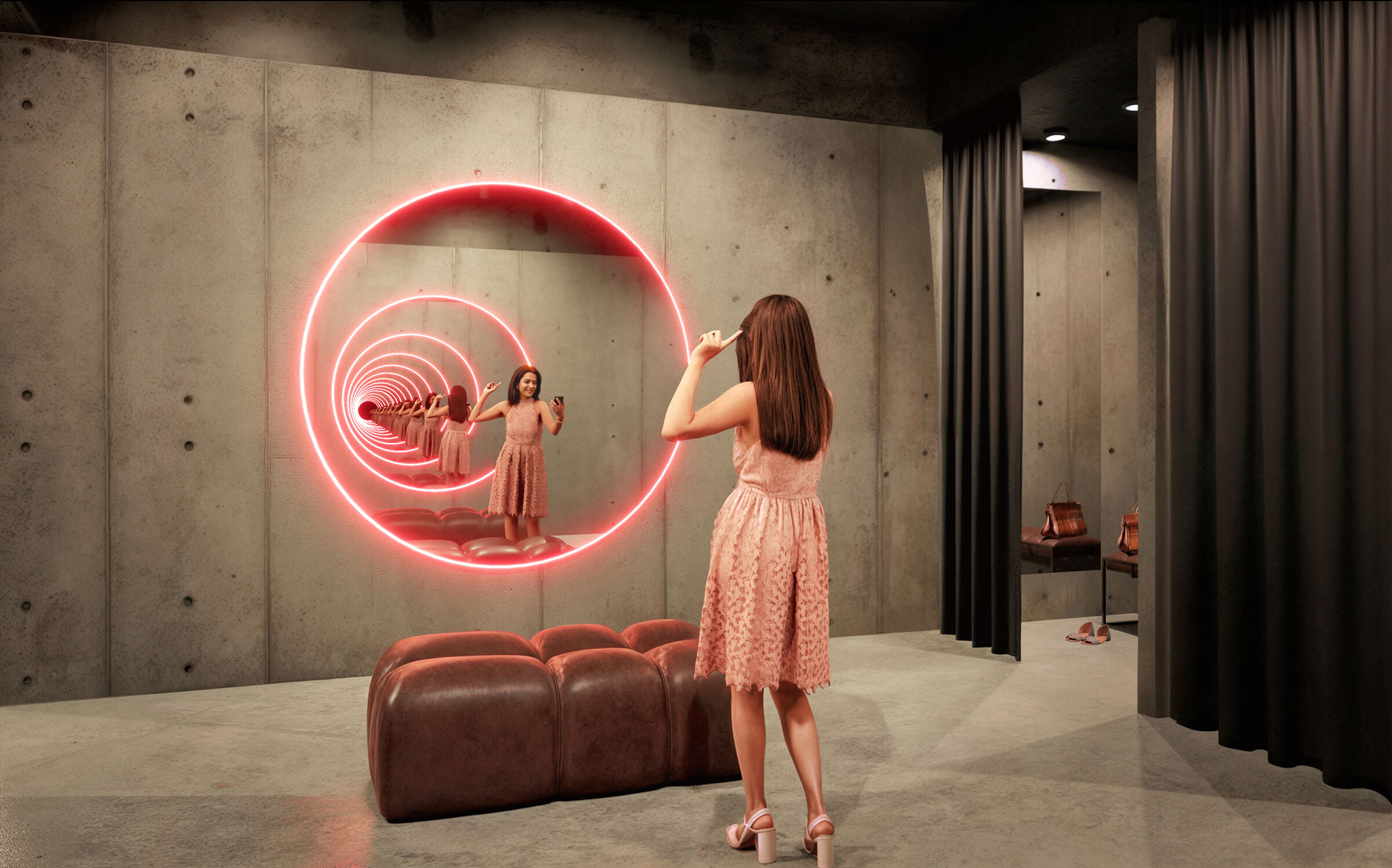 The two round mirrors, backlit in red, create the Droste effect: an endless reflection, ideal for selfies.