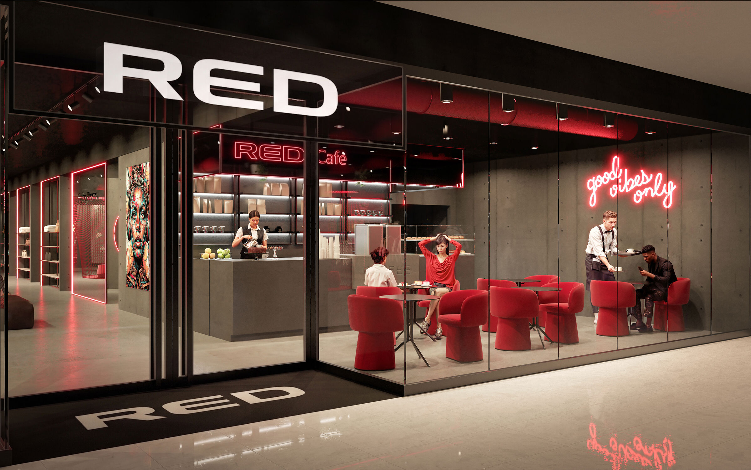 The 60 m² café, with its ‘RED Café’ sign and red armchairs: a meeting place opening out onto the shopping centre.