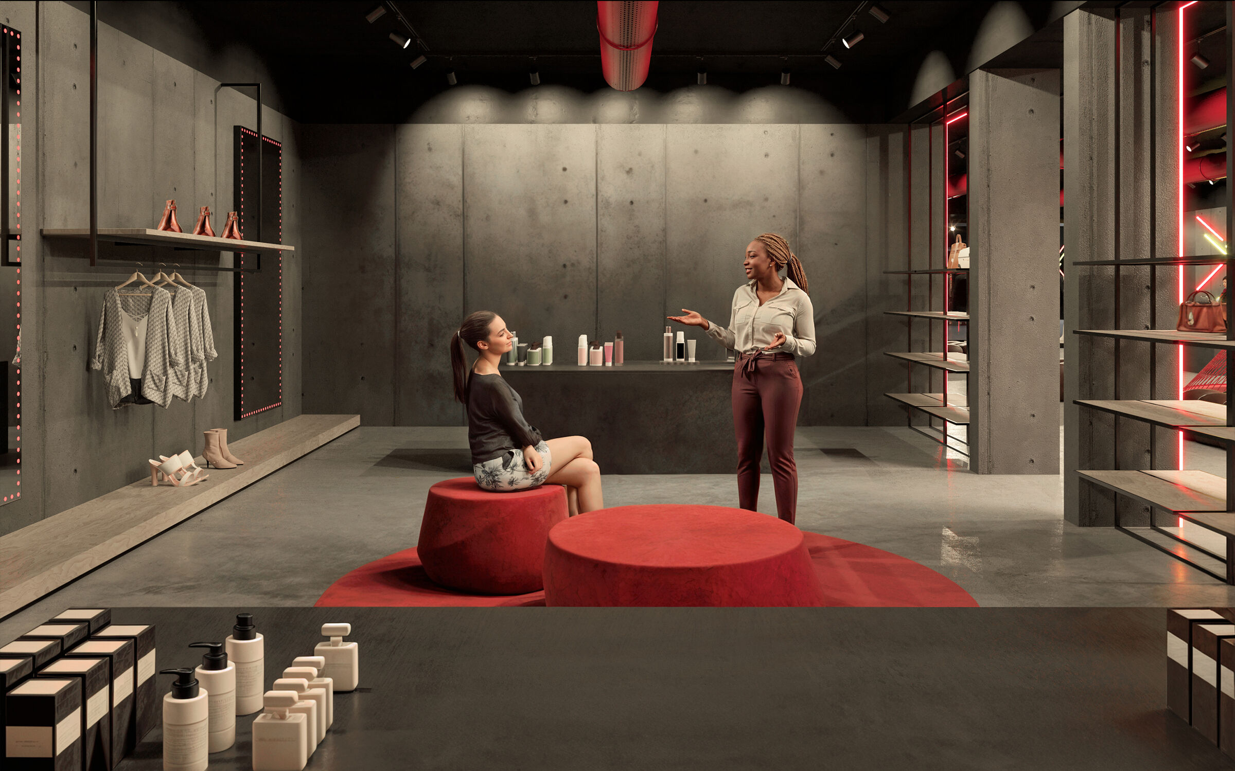 The most intimate space dedicated to accessories and fragrances, featuring red LED-lit shelves and round red pouffes.