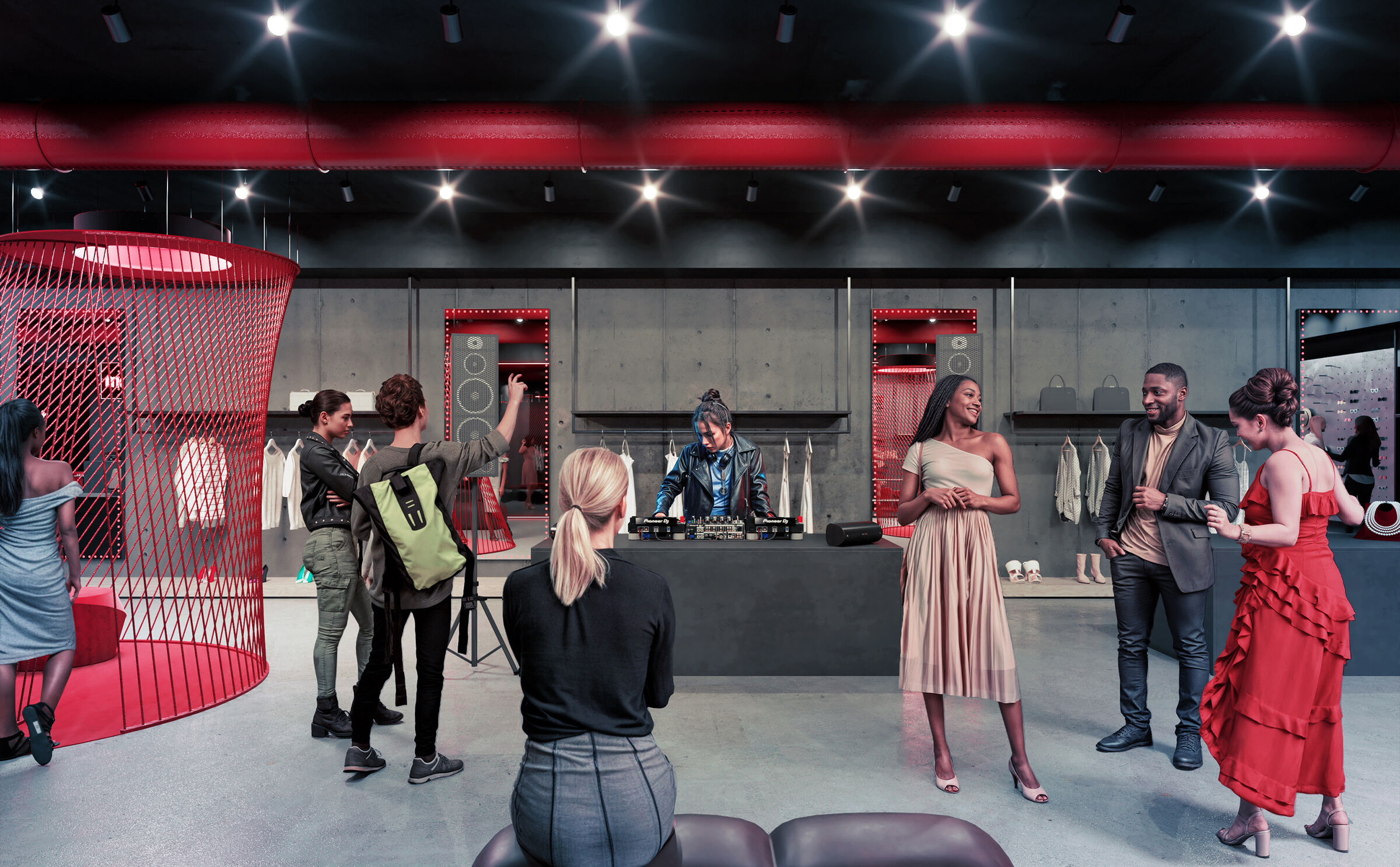 The shop is transformed into a meeting place: DJ sets and socialising amongst the lounge areas with their taut red ropes.