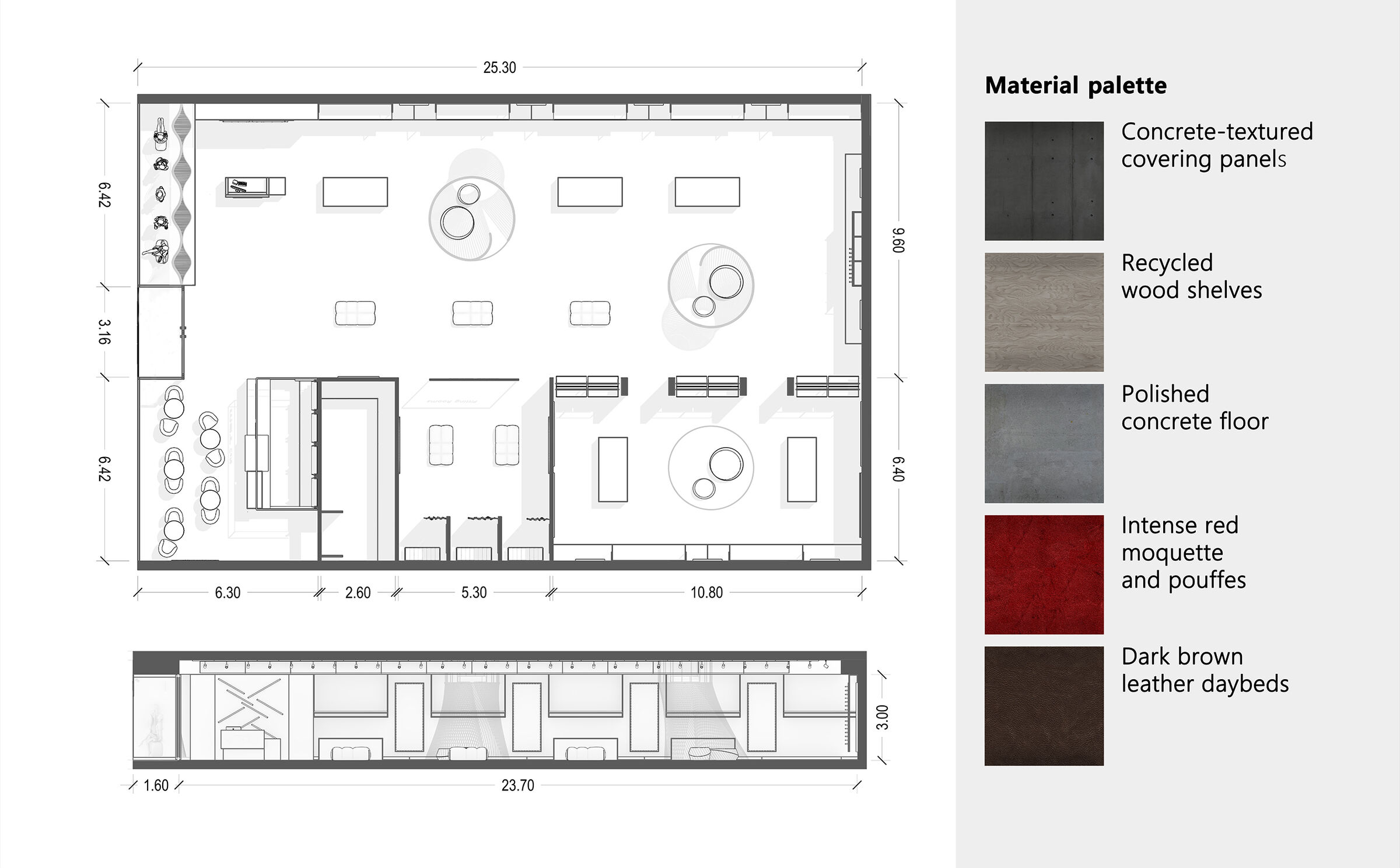 Layout and cross-section of the 400 m² format (16 × 25 × h 3 m) featuring the colour palette: concrete, recycled timber, deep red.