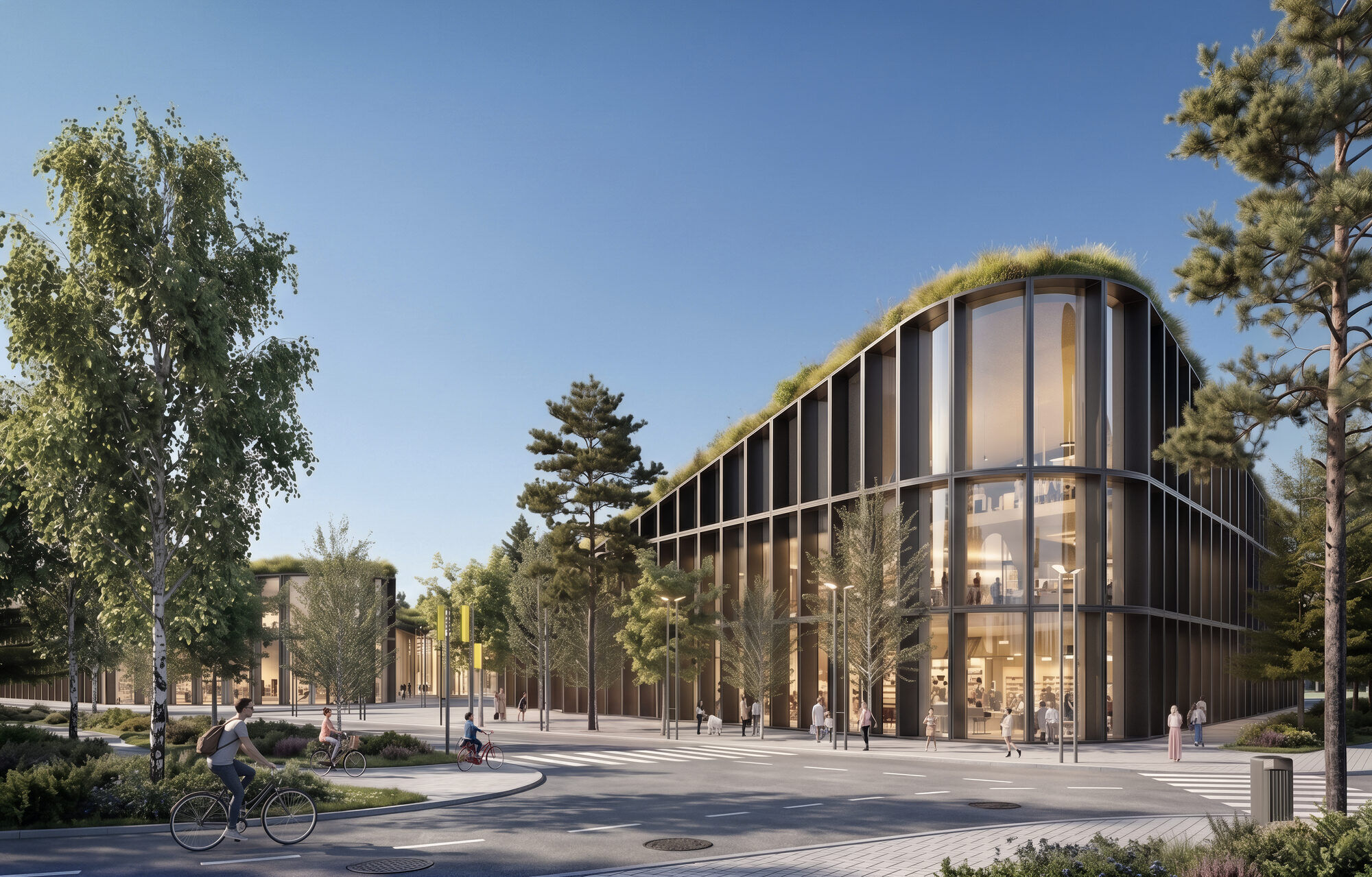 The gateway buildings to the north, with their glass facades and green roofs, open up the neighbourhood to cycle and pedestrian routes.