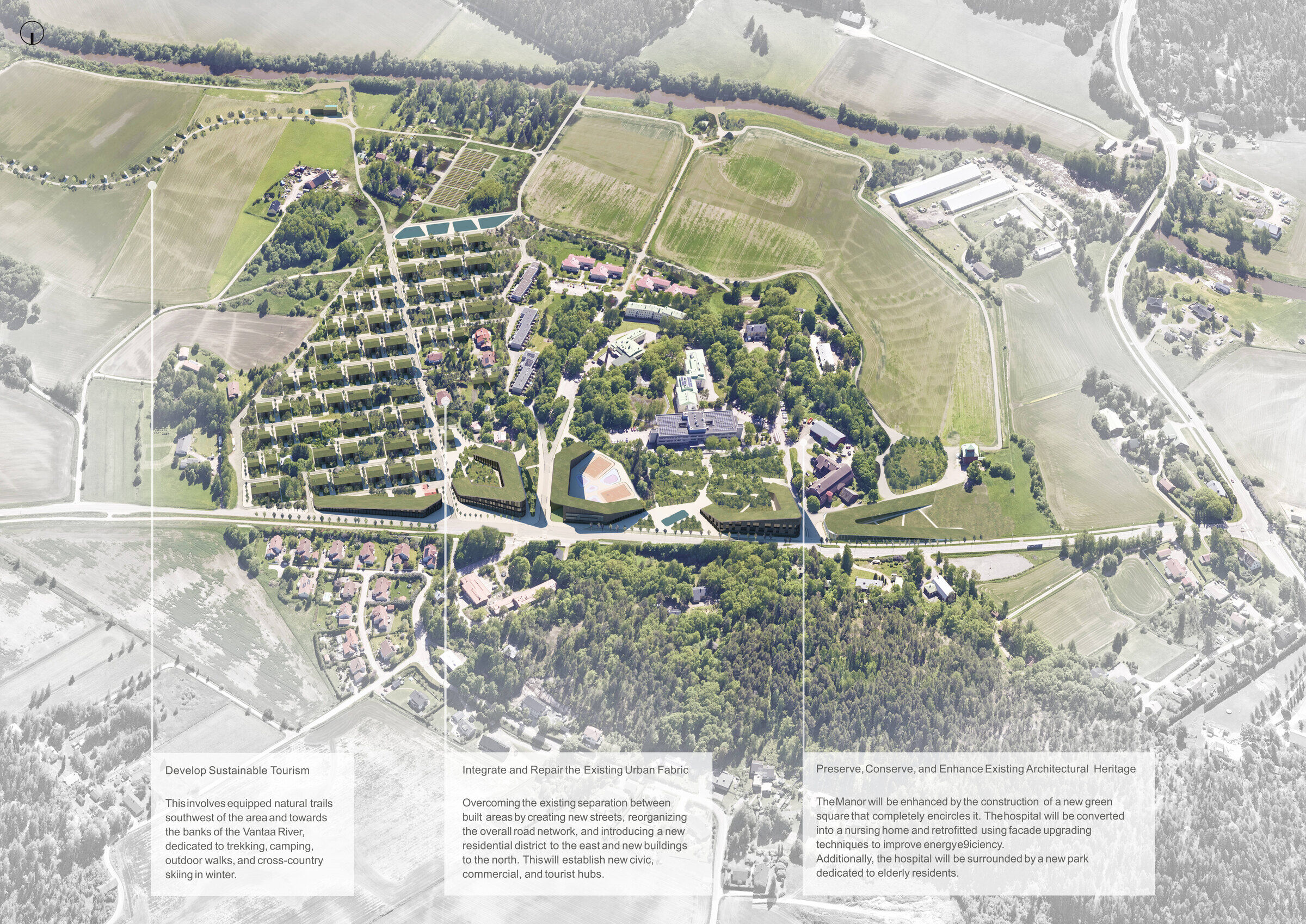Overview: the new sustainable neighbourhood, set against a backdrop of historic heritage, the existing urban fabric and the river landscape.