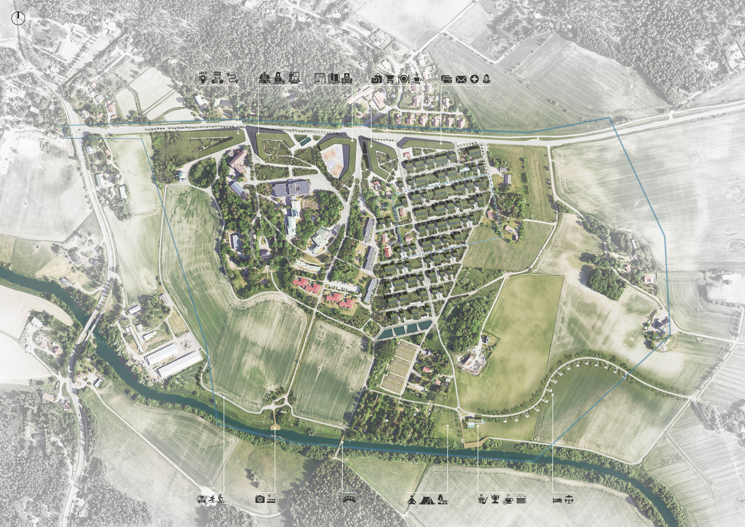 General site plan showing the network of green spaces, transport links and facilities for the entire project.