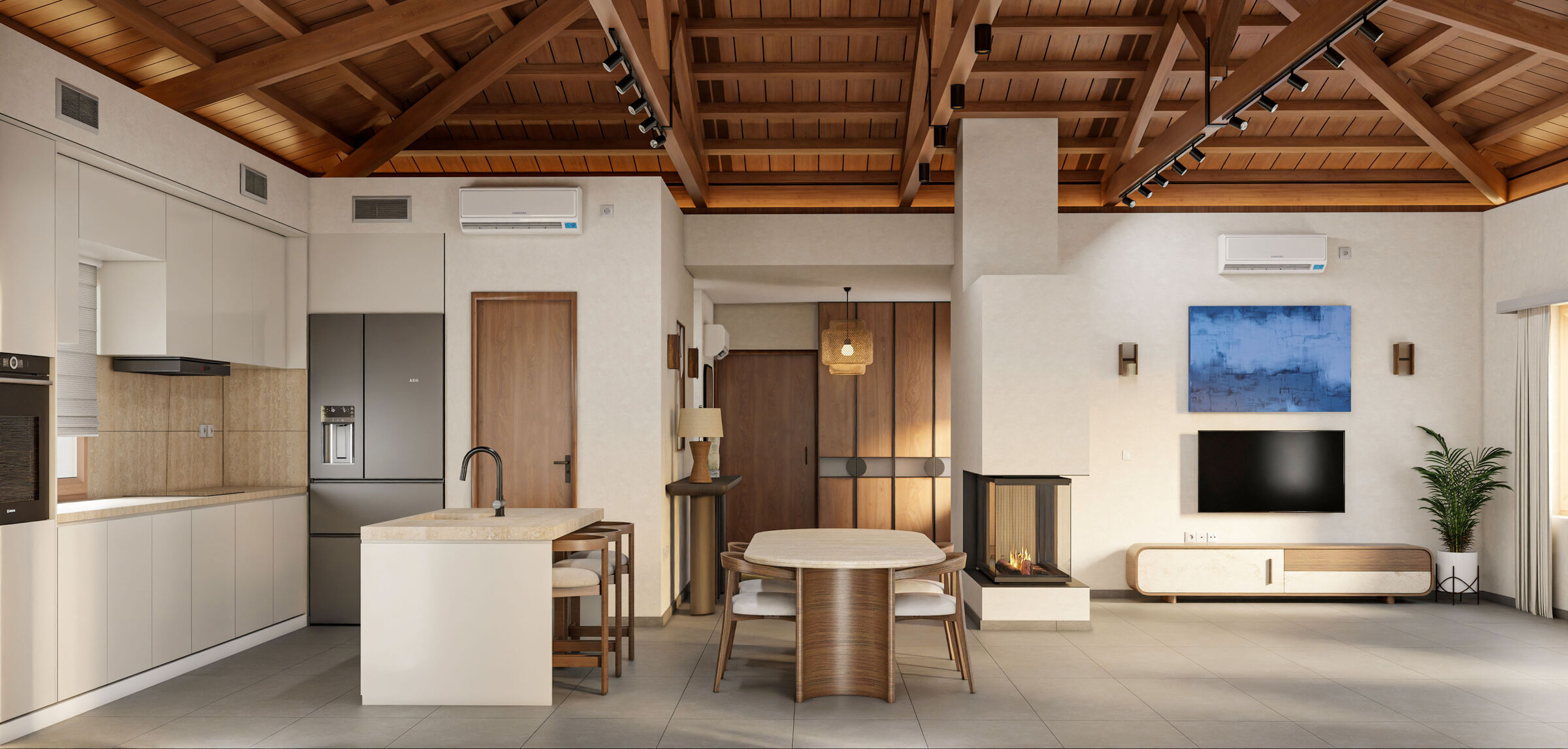 An open-plan kitchen and dining area integrates natural timber, contemporary cabinetry, and sculptural furniture, creating a welcoming family environment in this Karpathos residence.