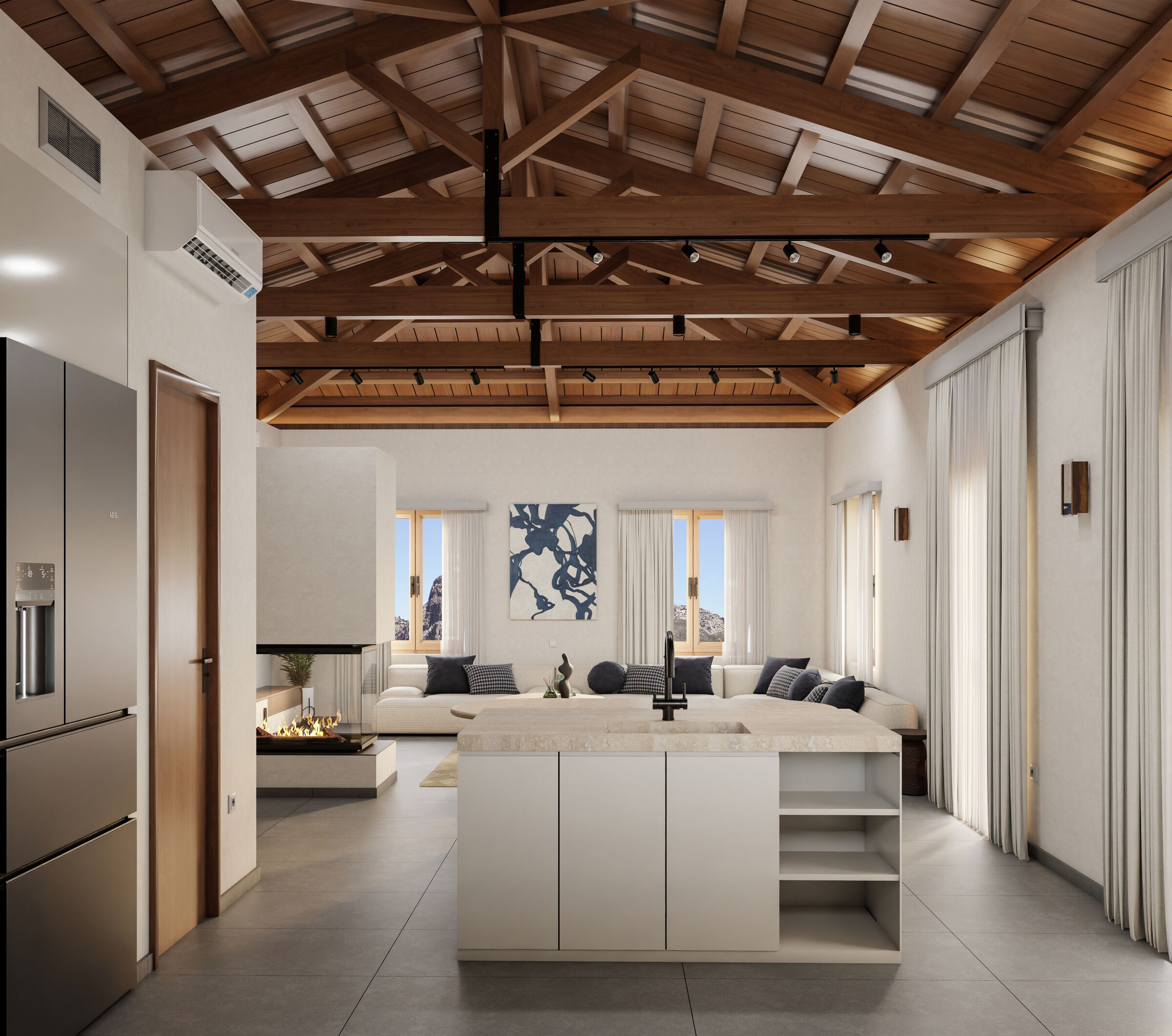 The open-plan interior establishes a visual connection between the living room, kitchen, and dining area, balancing traditional Karpathian roof construction with contemporary residential design.