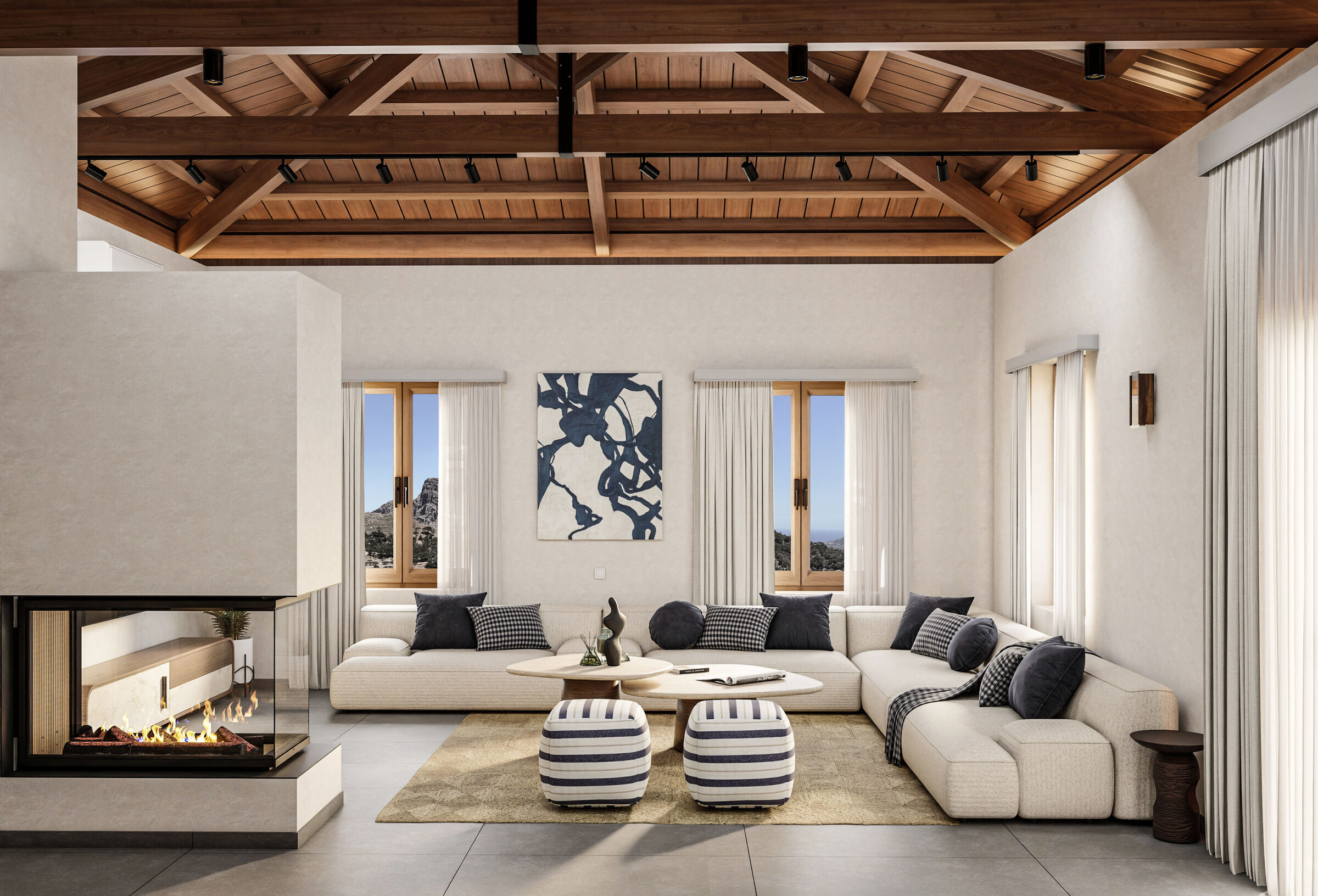 The main living room of Geros Villa in Aperi, Karpathos, combines exposed timber roof construction with contemporary furnishings and natural materials, reflecting the island's architectural character.