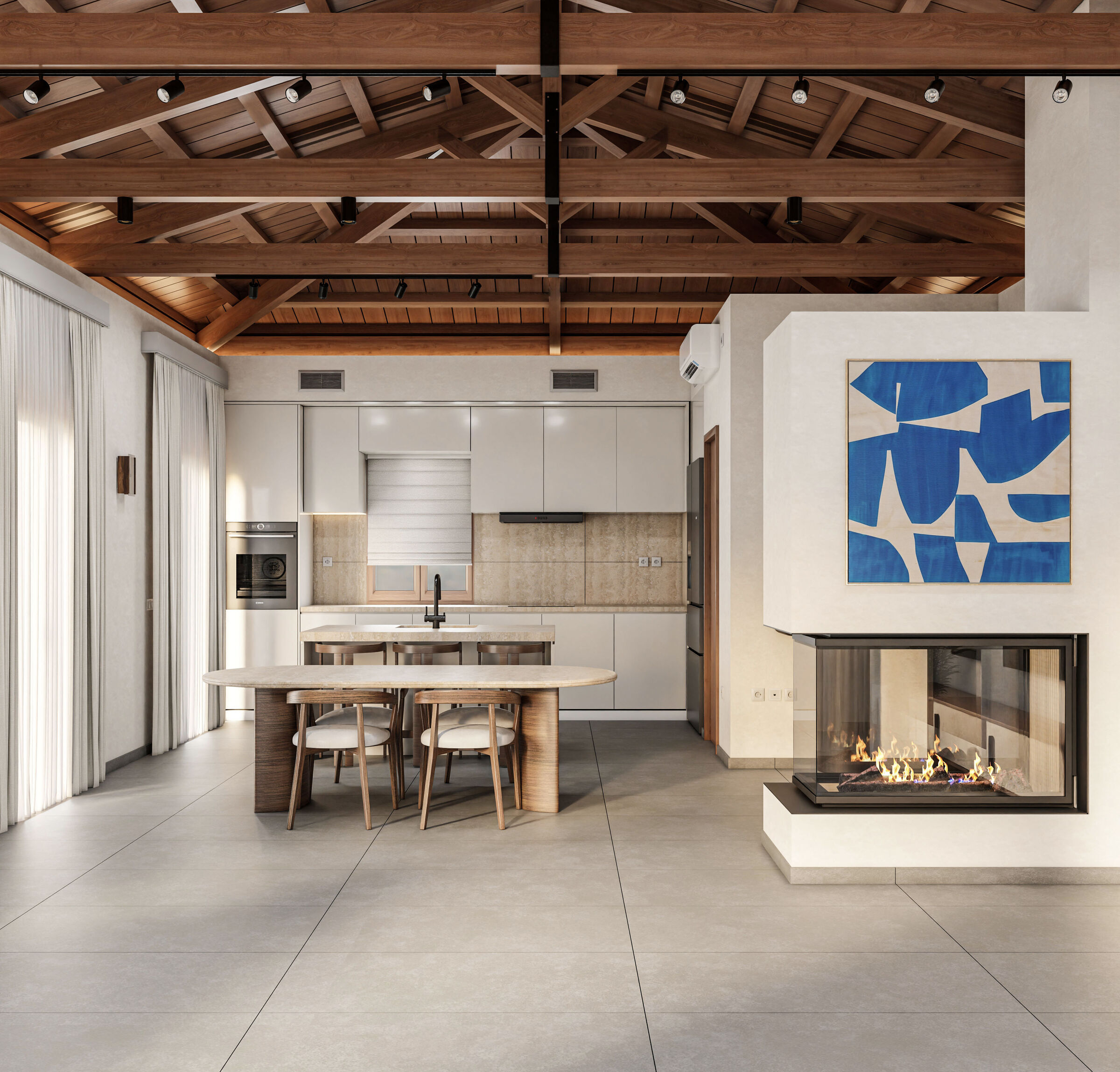 A double-sided fireplace connects the kitchen and living areas, while natural timber and minimalist detailing reinforce the architectural identity of Geros Villa in Karpathos.