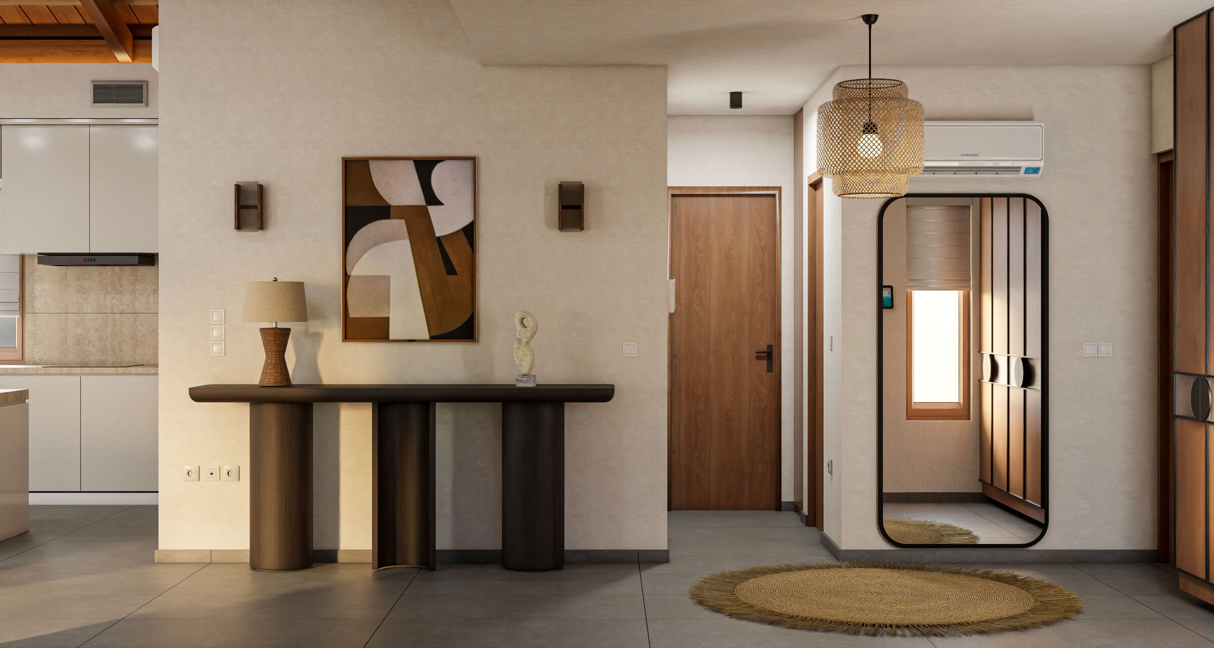 Bespoke furniture, contemporary artwork, and warm lighting define the entrance hall, introducing the restrained material palette of this private residence in Aperi, Karpathos.